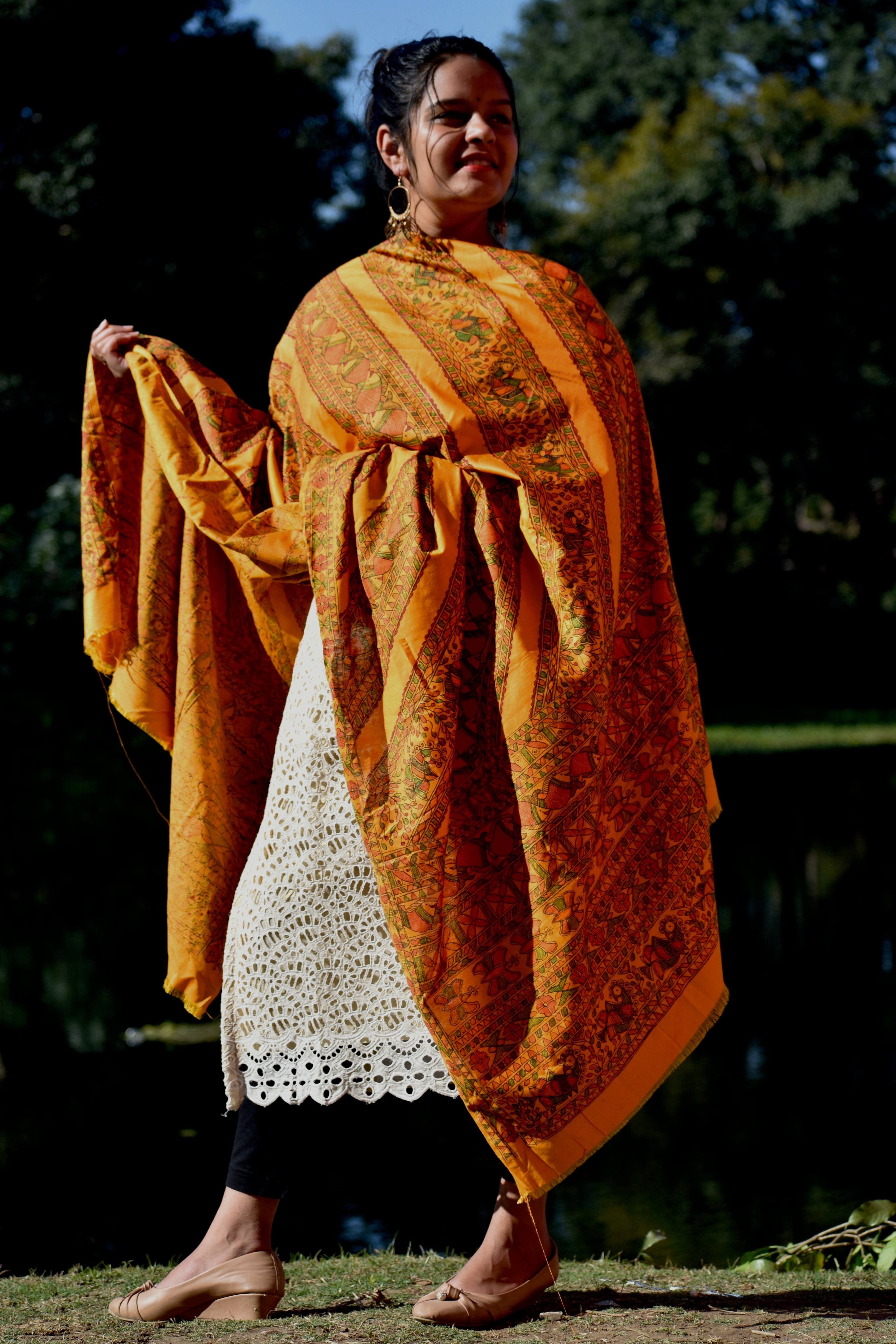 Madhubani Hand-Painted Tangerine Orange Silk Dupatta