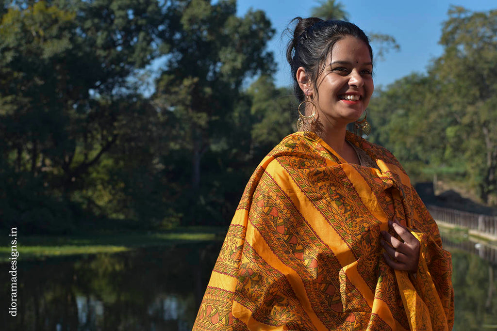 Madhubani Hand-Painted Tangerine Orange Silk Dupatta