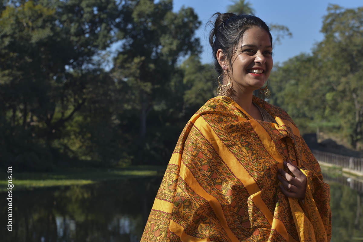 Madhubani Hand-Painted Tangerine Orange Silk Dupatta