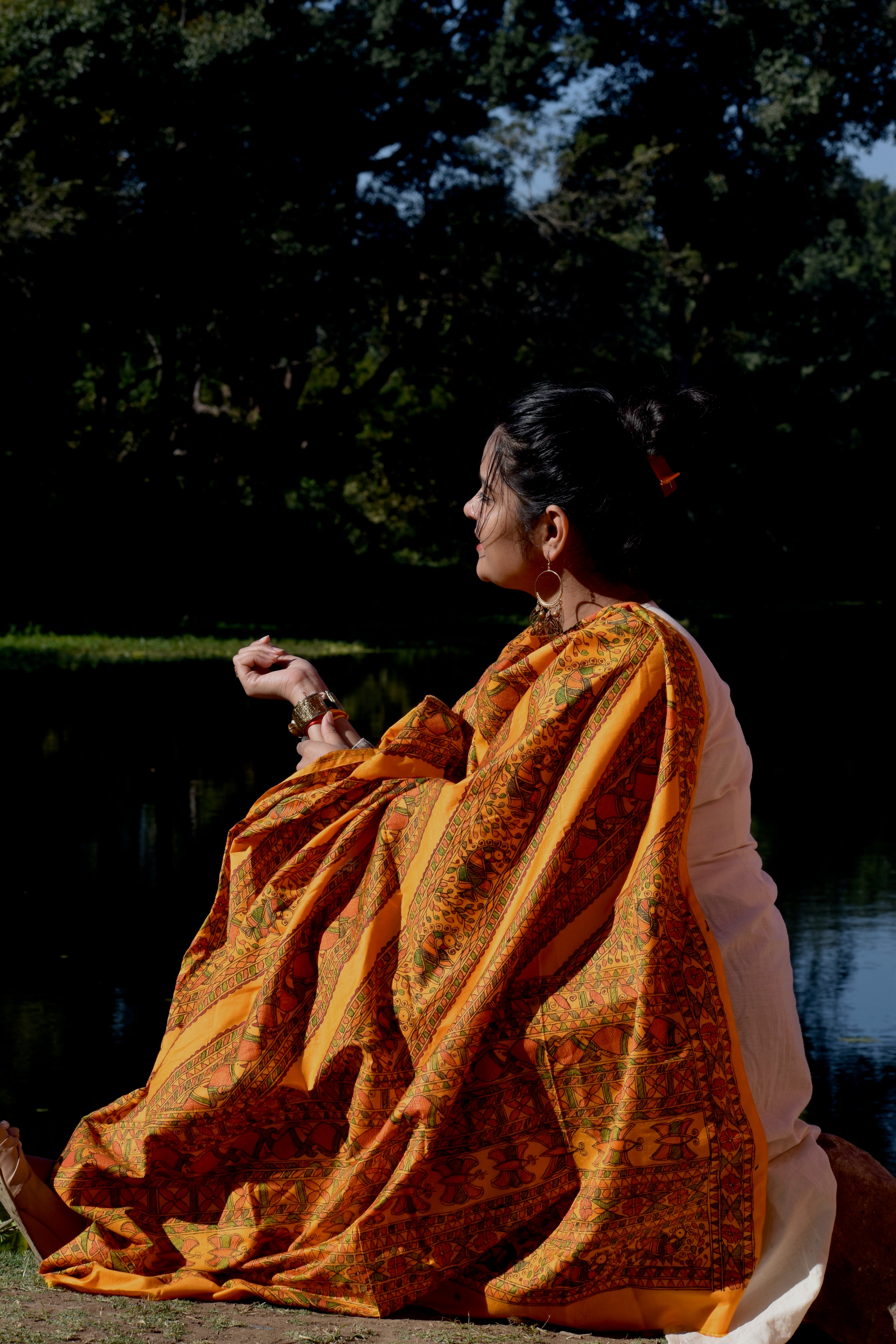 Madhubani Hand-Painted Tangerine Orange Silk Dupatta