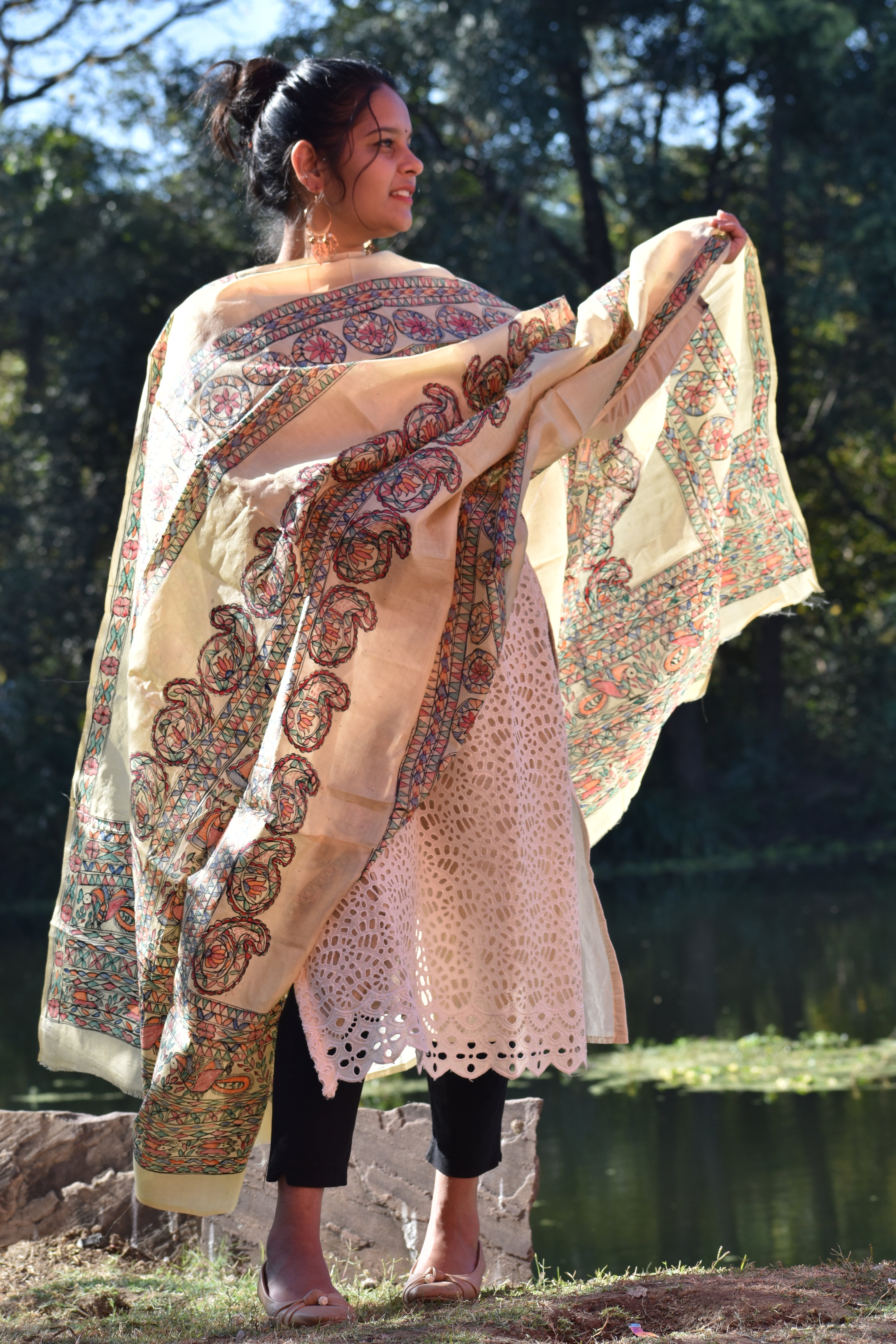 Madhubani Hand-Painted Silk Dupatta