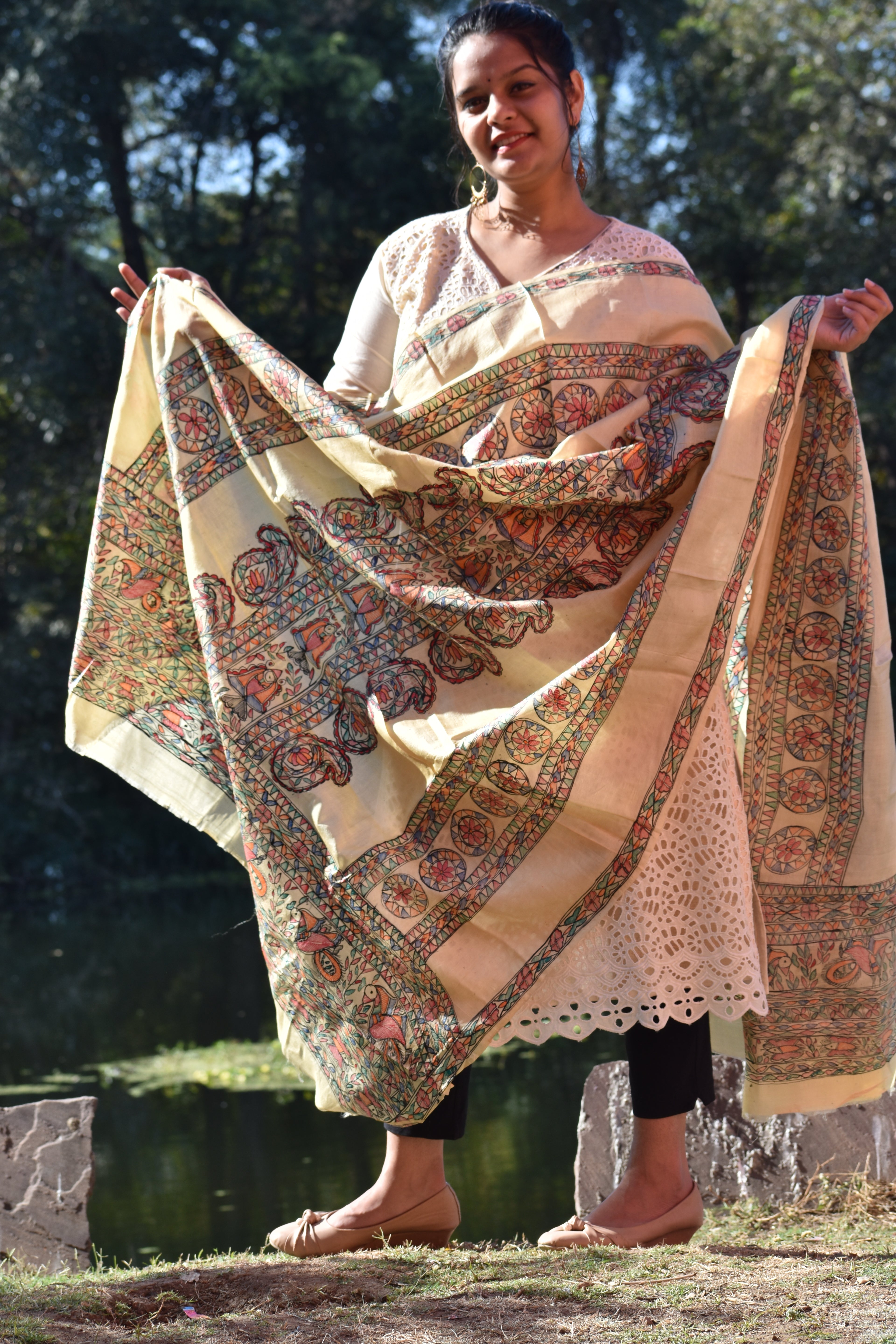 Madhubani Hand-Painted Silk Dupatta