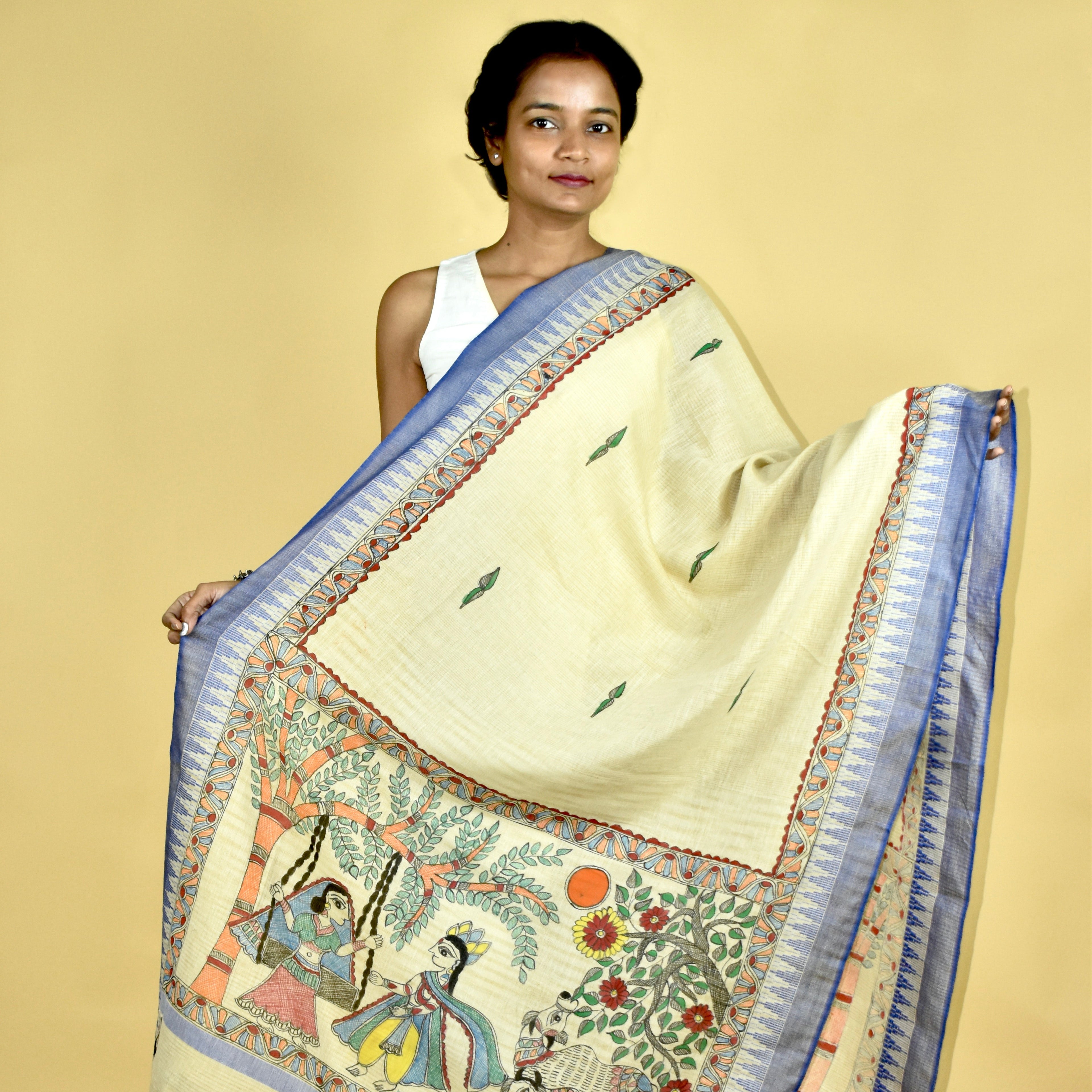 Krishna Vallabha Madhubani Hand-painted Cotton Dupatta