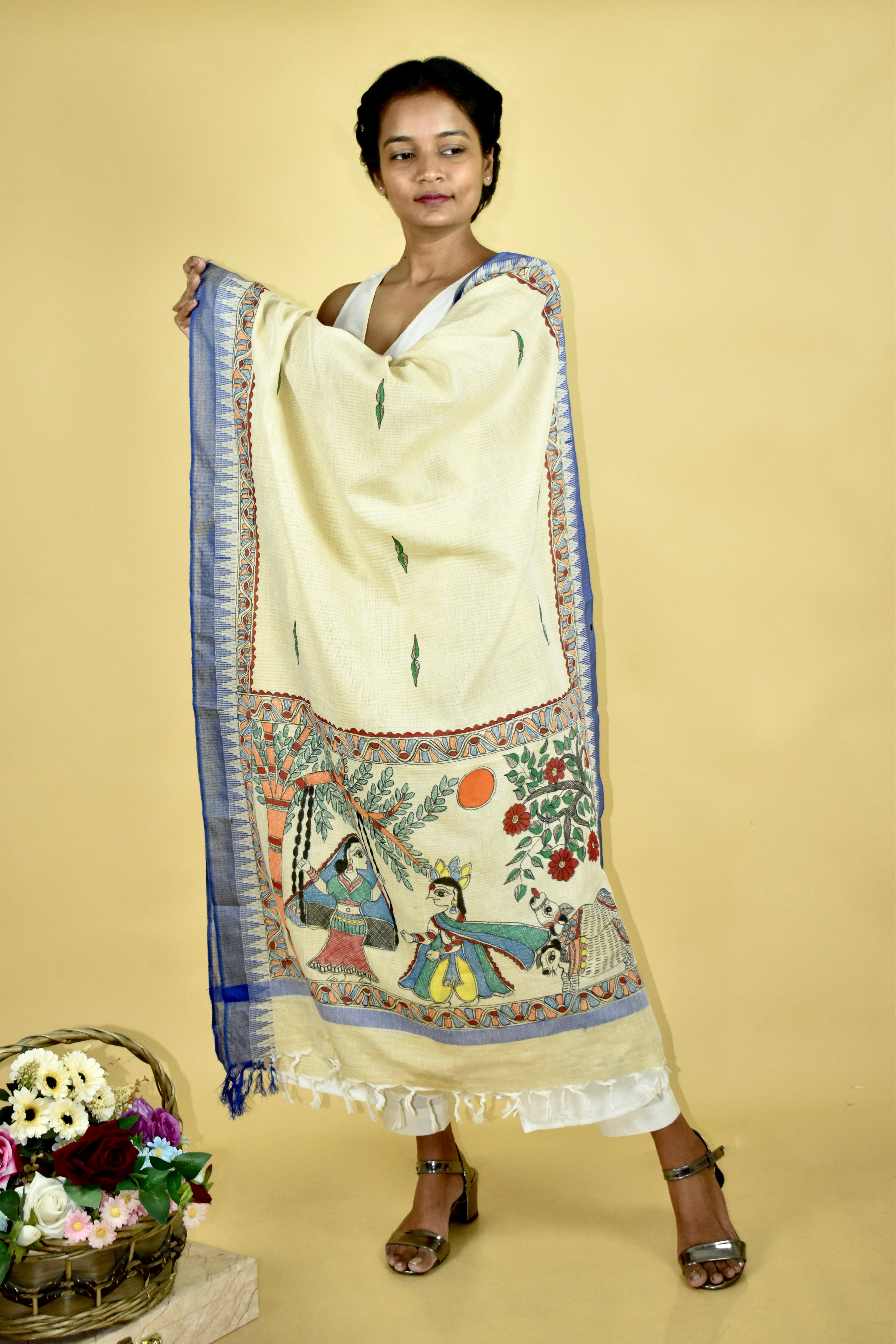 Krishna Vallabha Madhubani Hand-painted Cotton Dupatta