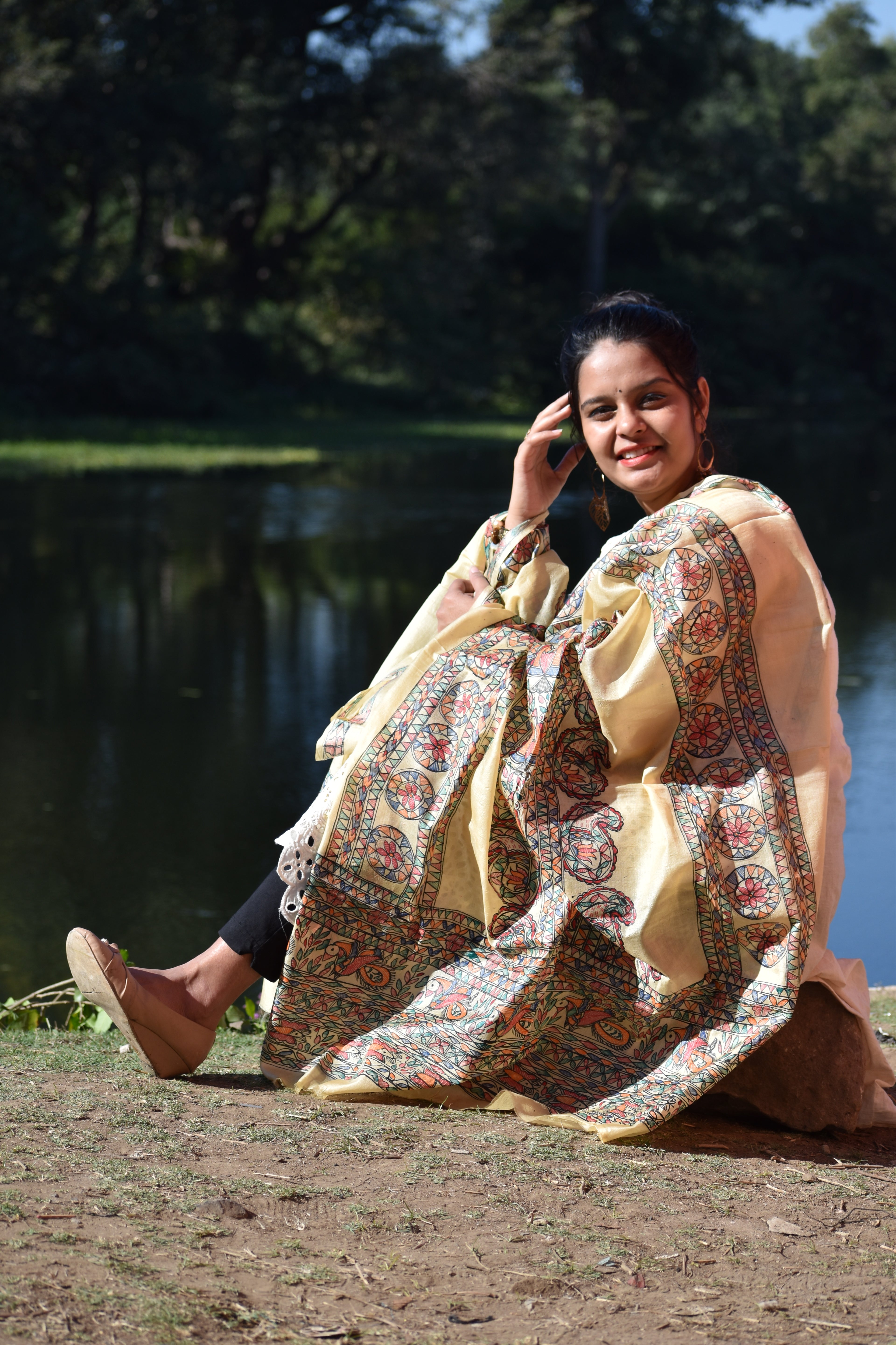 Madhubani Hand-Painted Silk Dupatta