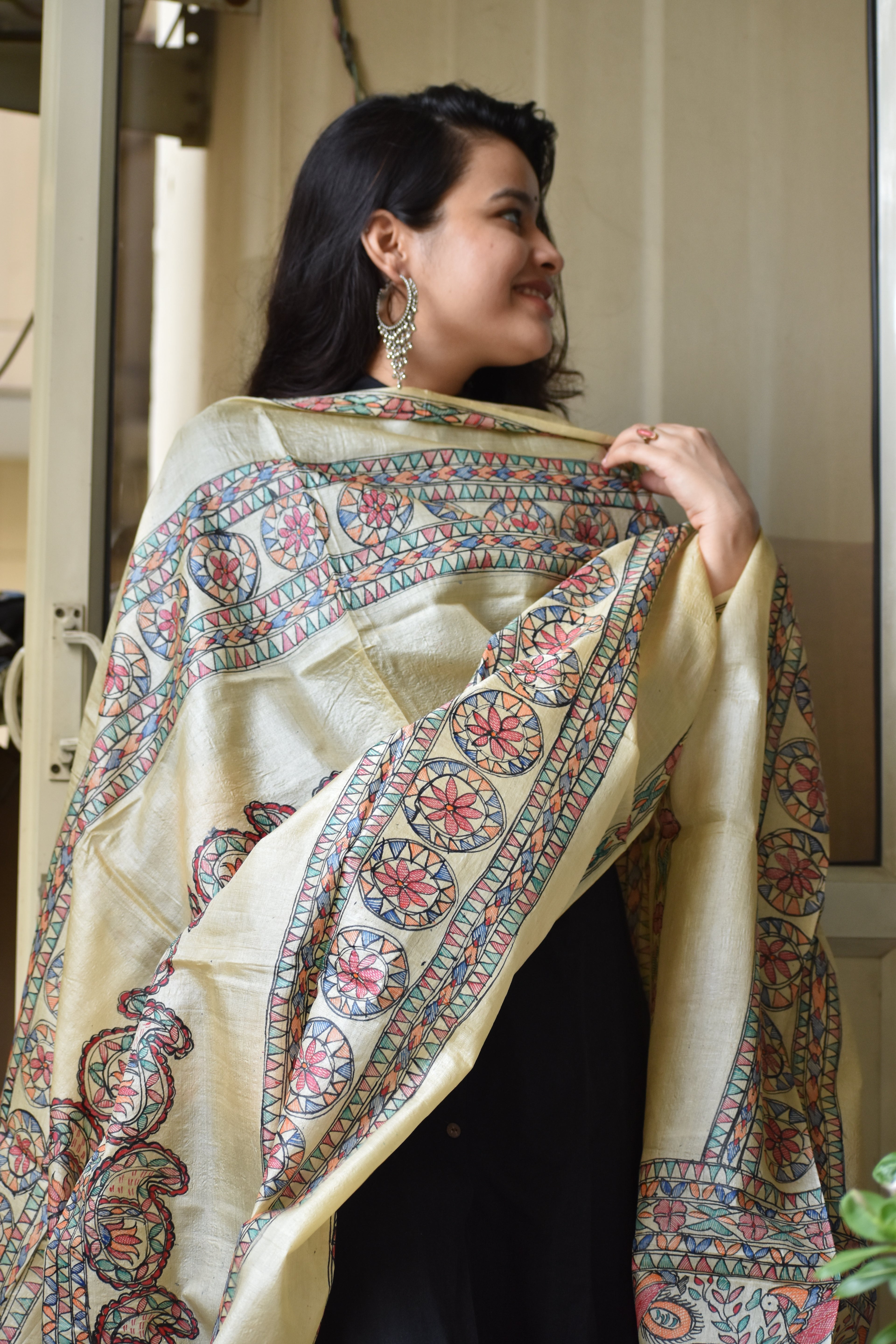Madhubani Hand-Painted Silk Dupatta