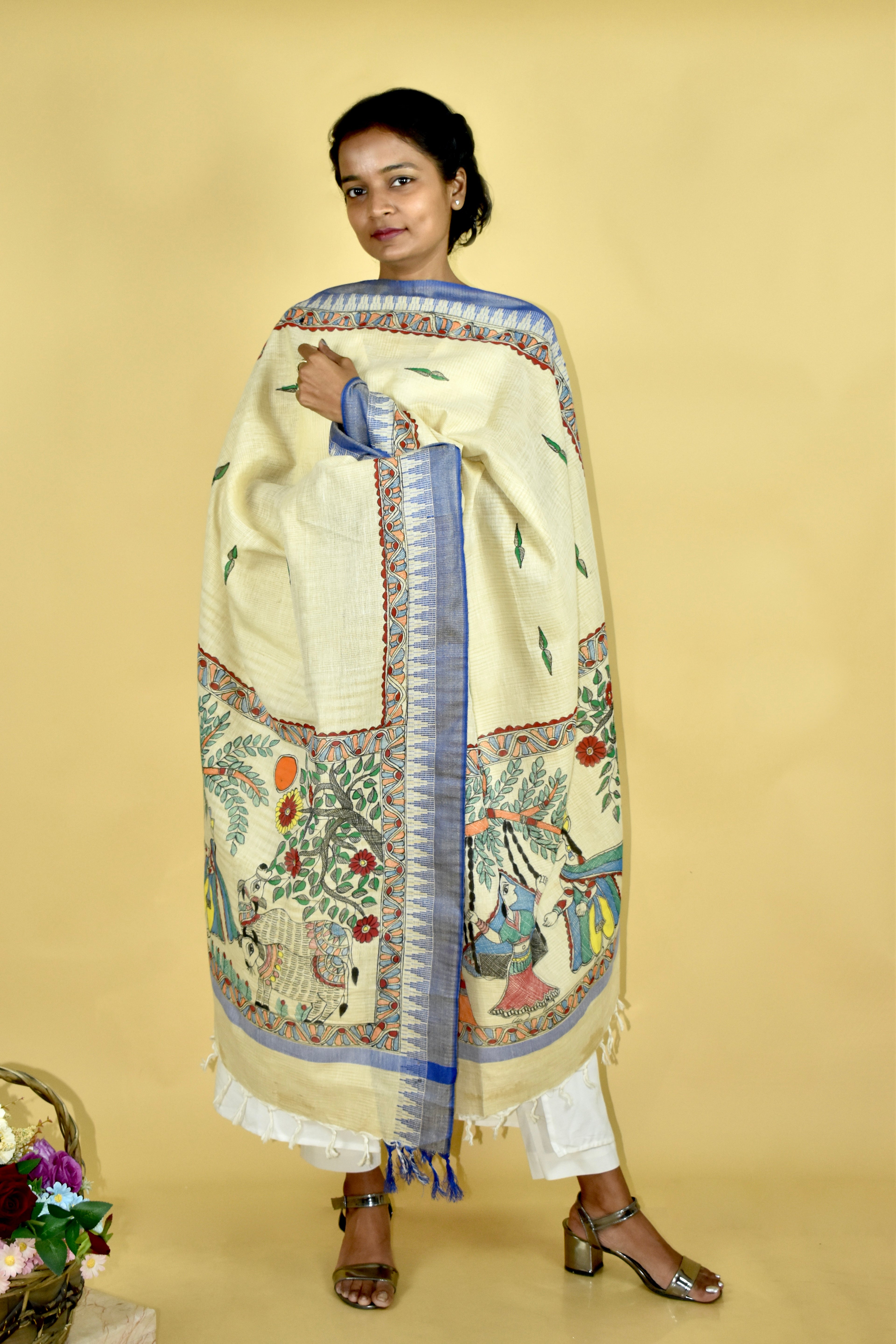 Krishna Vallabha Madhubani Hand-painted Cotton Dupatta
