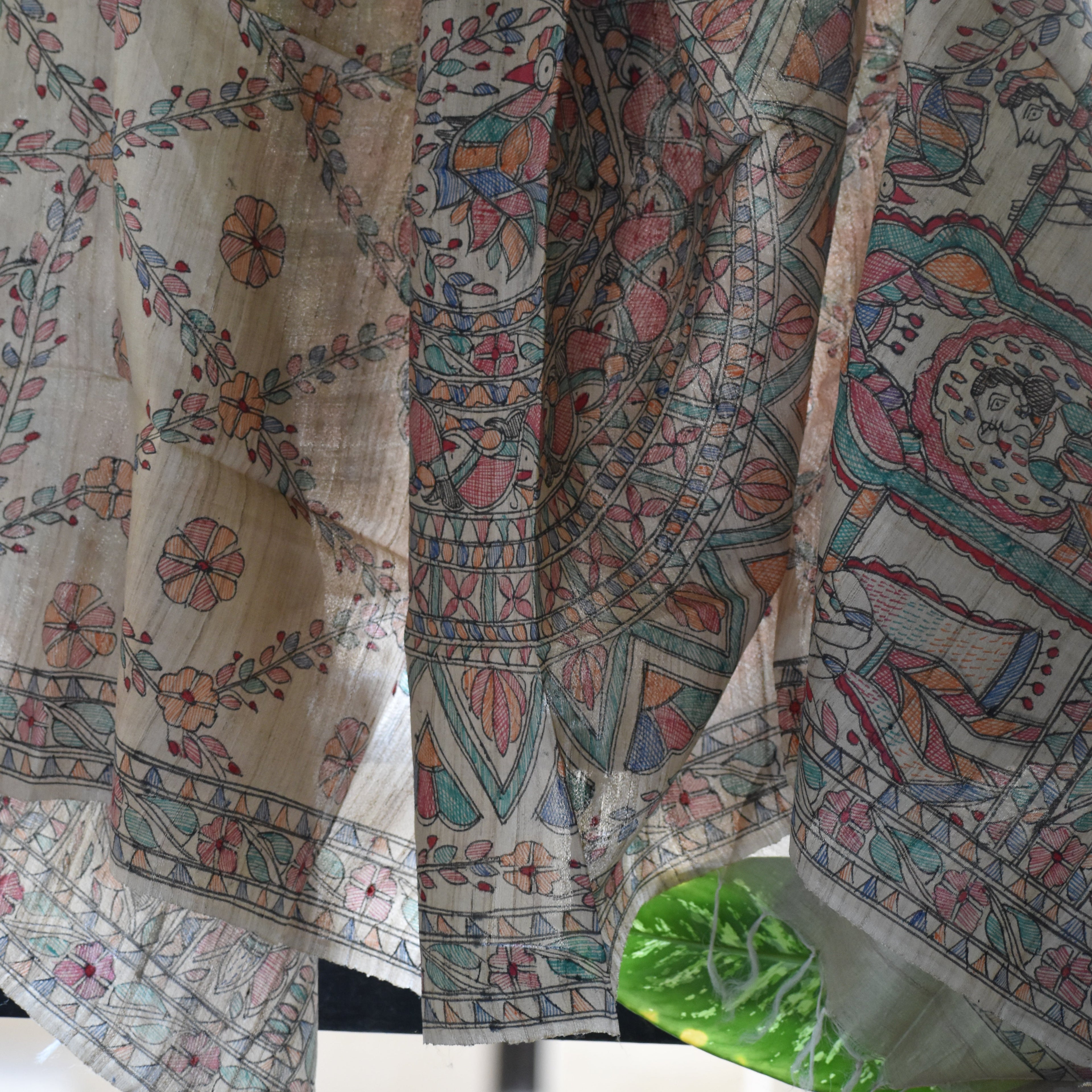 Madhubani Hand-Painted Natural Tussar Silk Dupatta