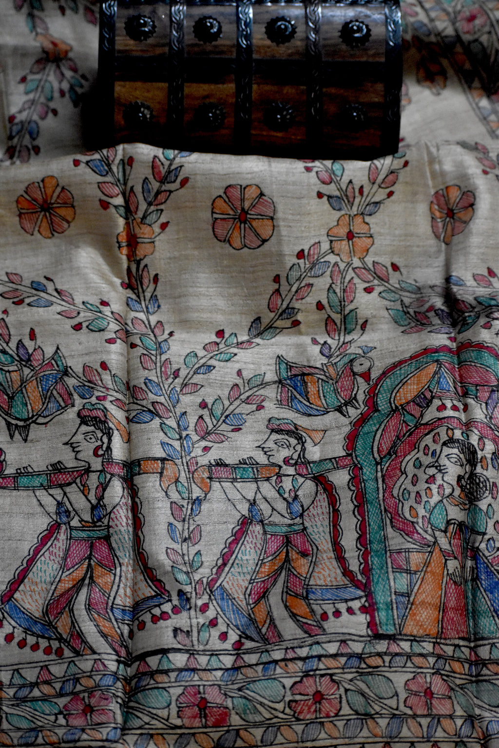 Madhubani Hand-Painted Natural Tussar Silk Dupatta