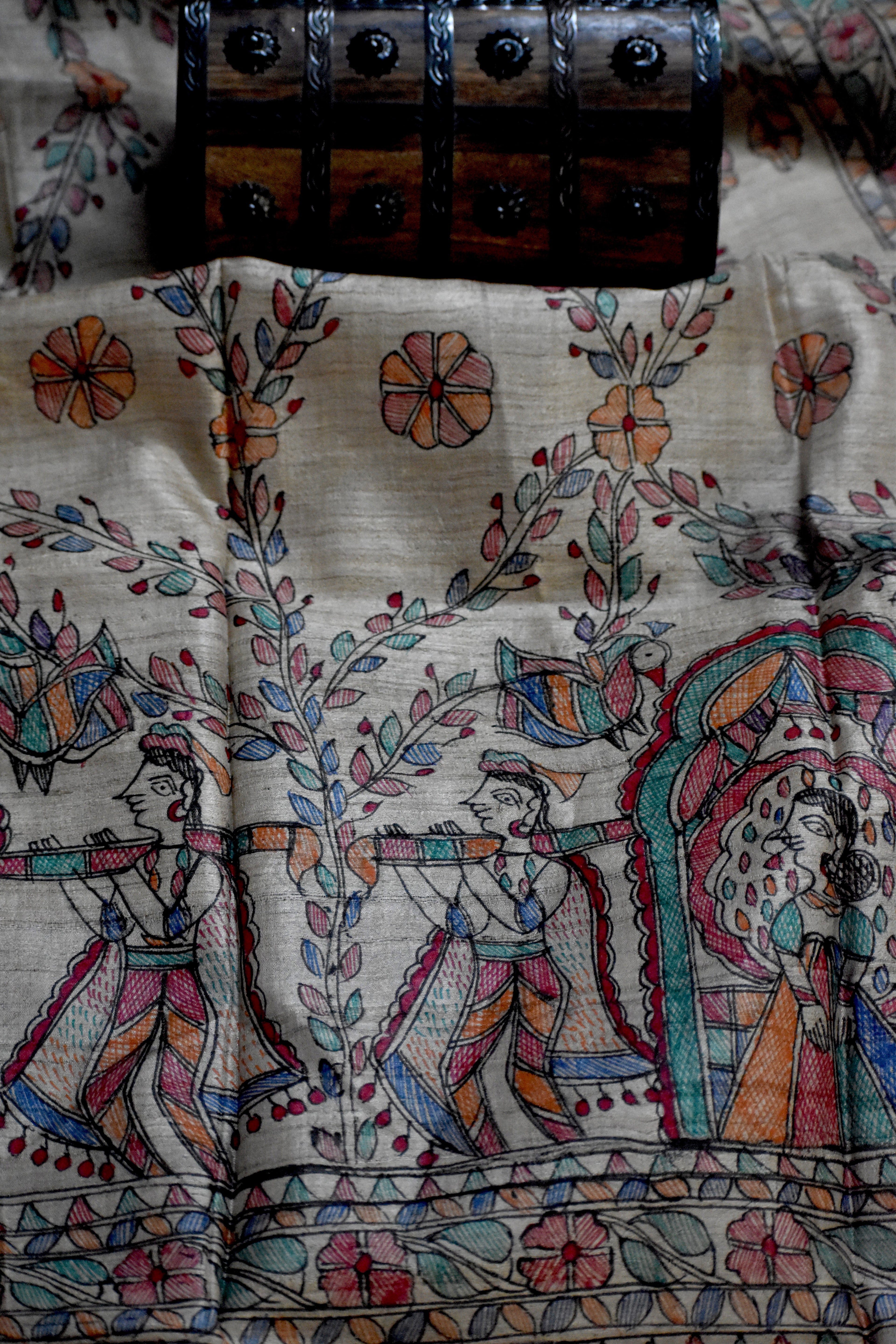 Madhubani Hand-Painted Natural Tussar Silk Dupatta