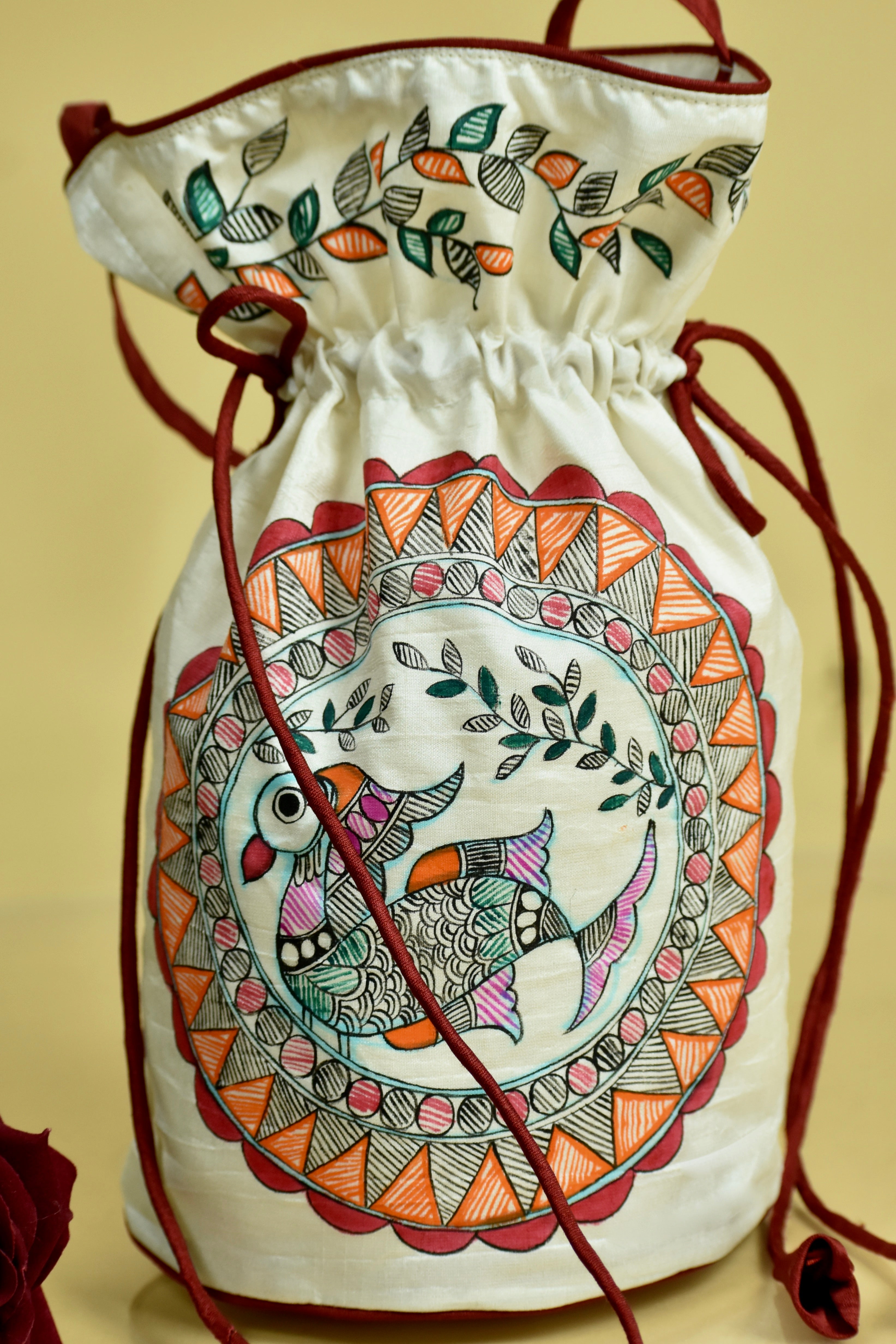 White Silk Handpainted Madhubani Potli