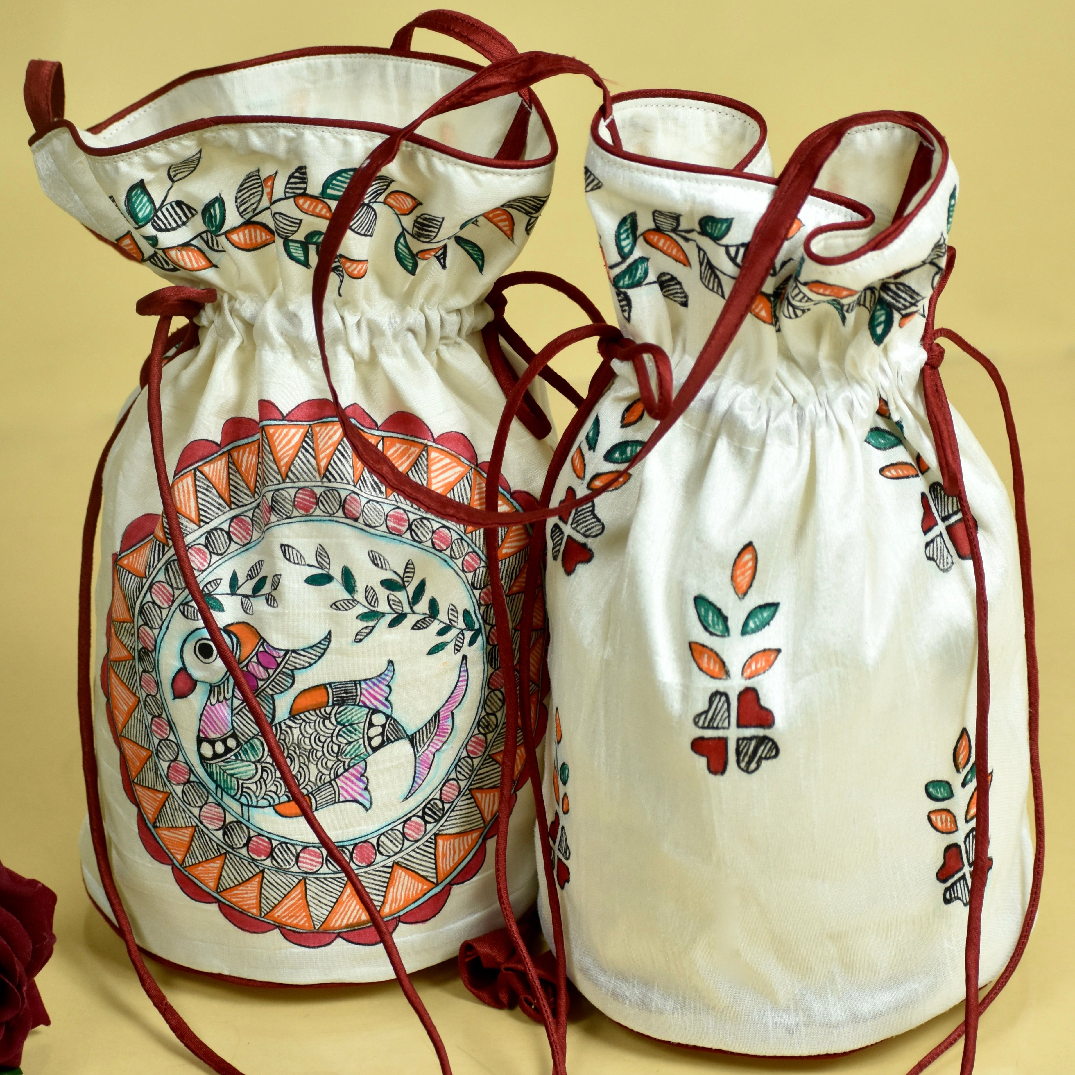 White Silk Handpainted Madhubani Potli