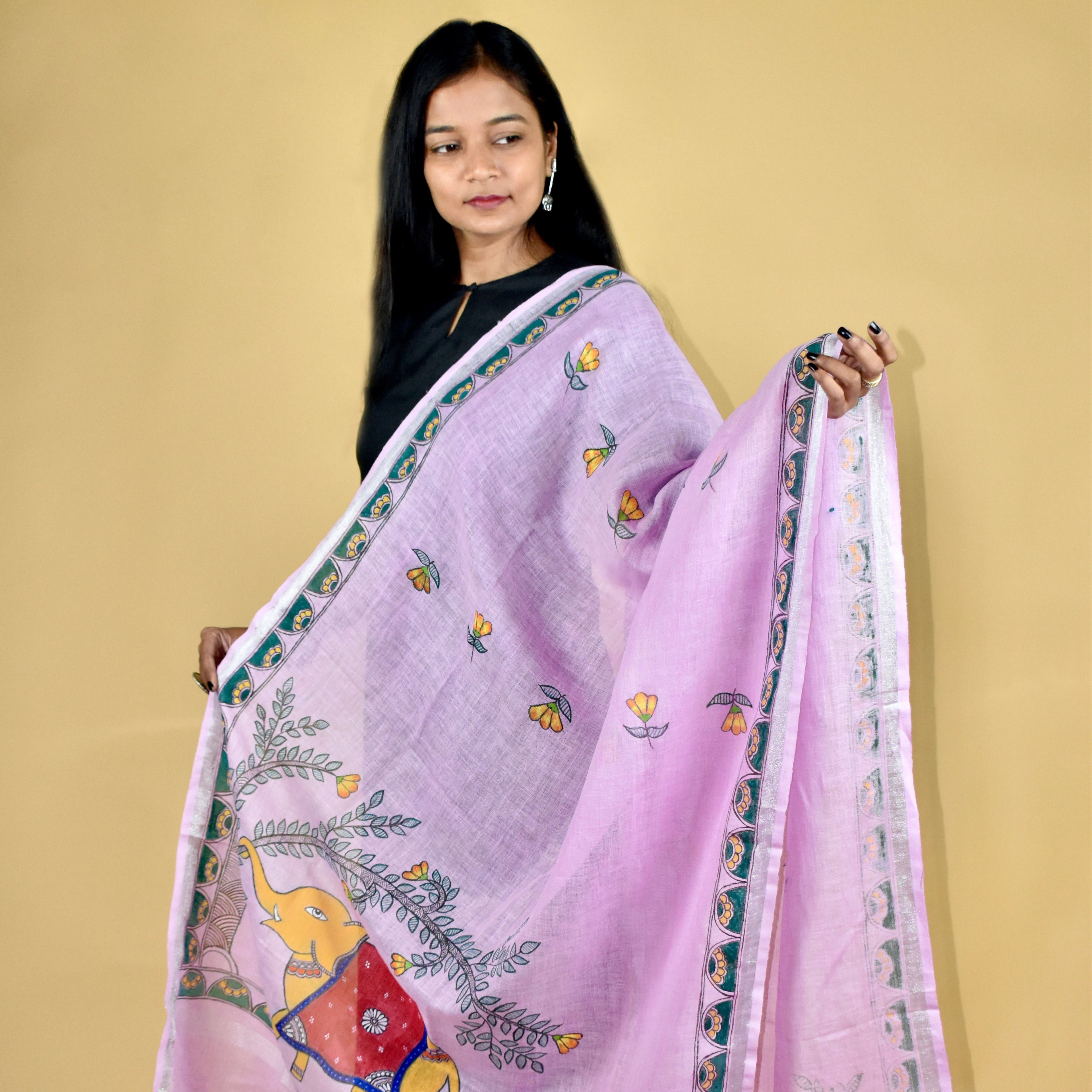 Pink Madhubani Hand-painted Linen Dupatta