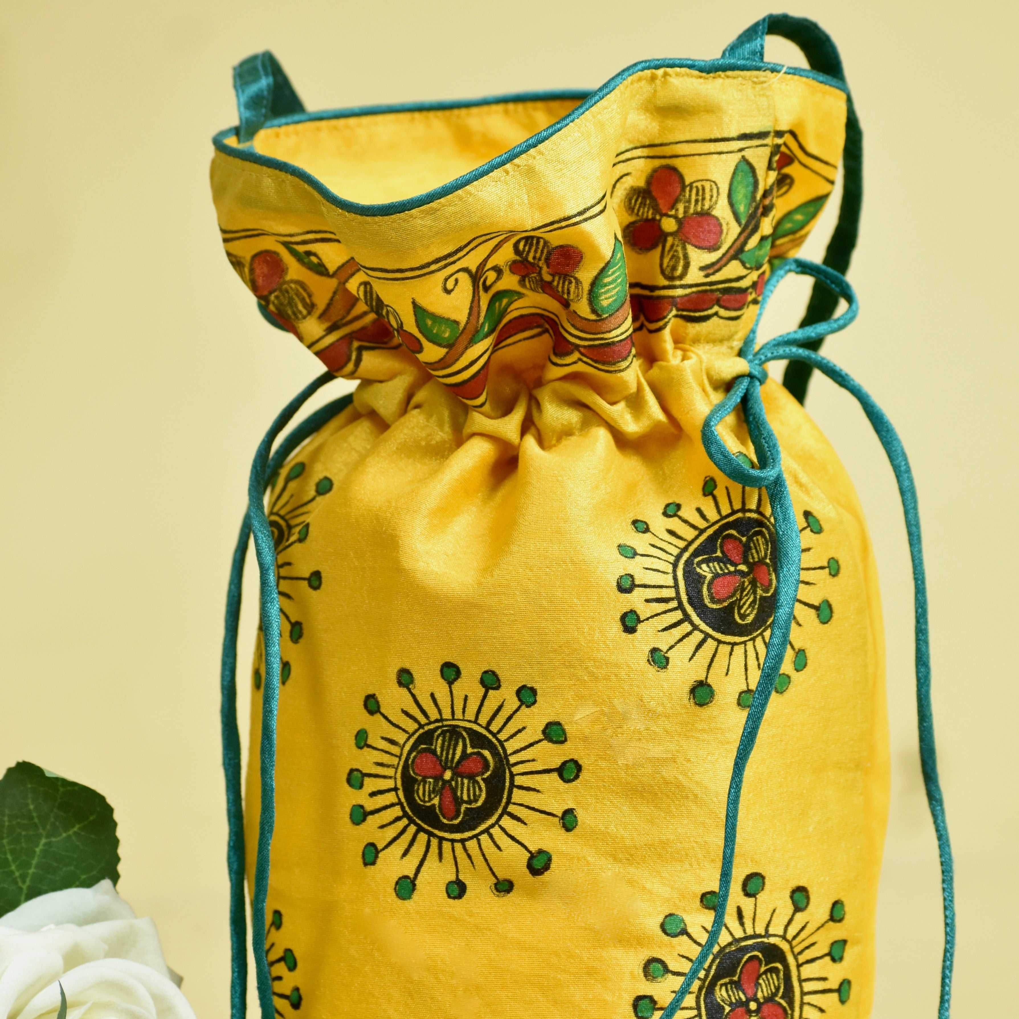 Yellow Silk Handpainted Madhubani Potli