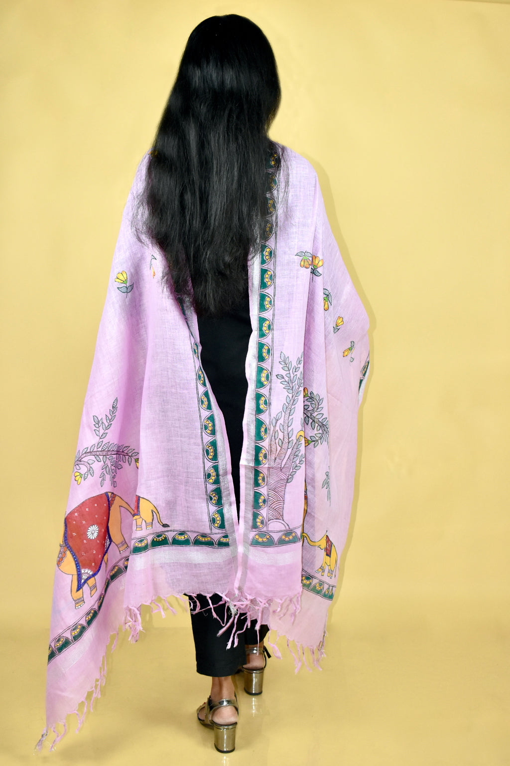 Pink Madhubani Hand-painted Linen Dupatta