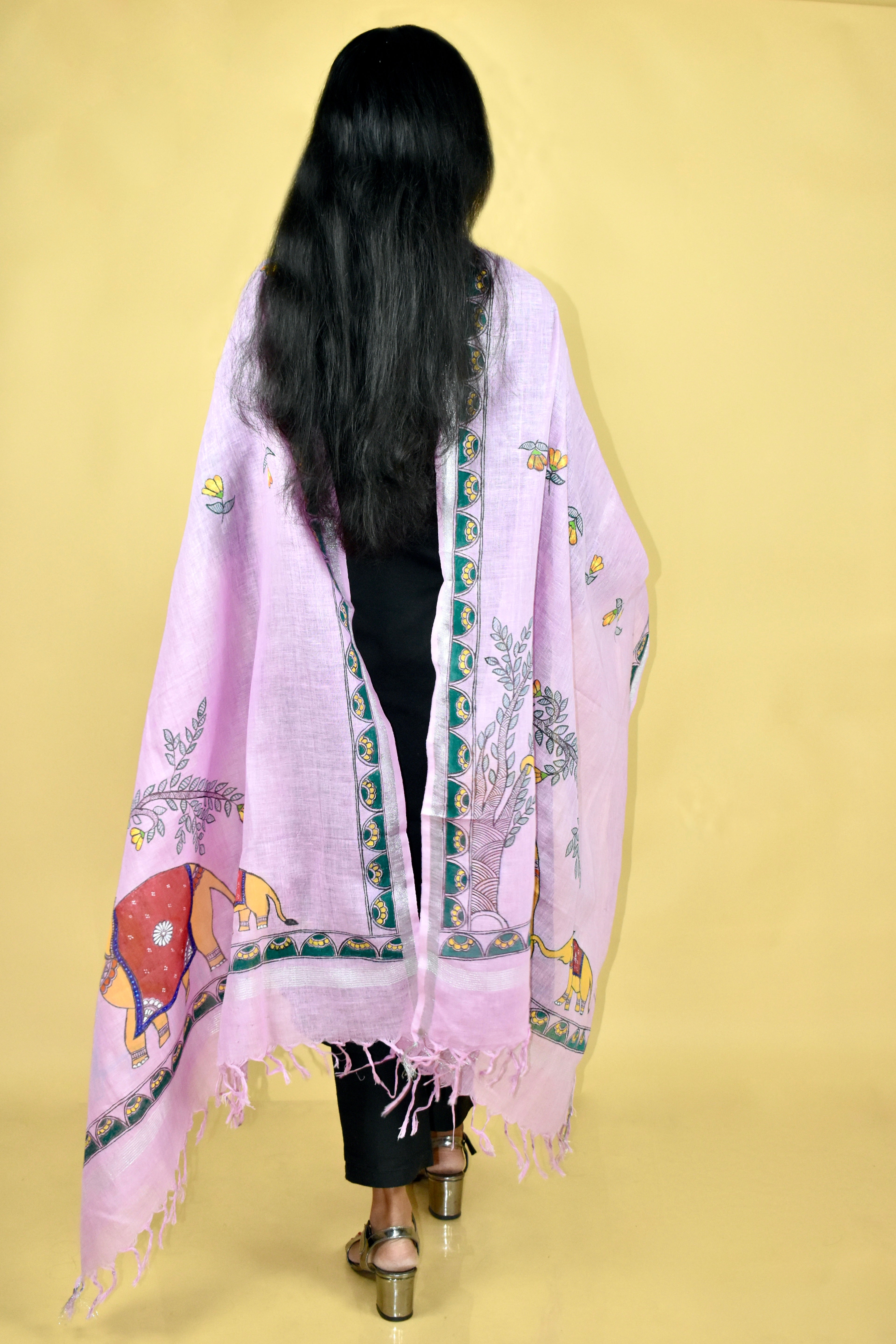 Pink Madhubani Hand-painted Linen Dupatta