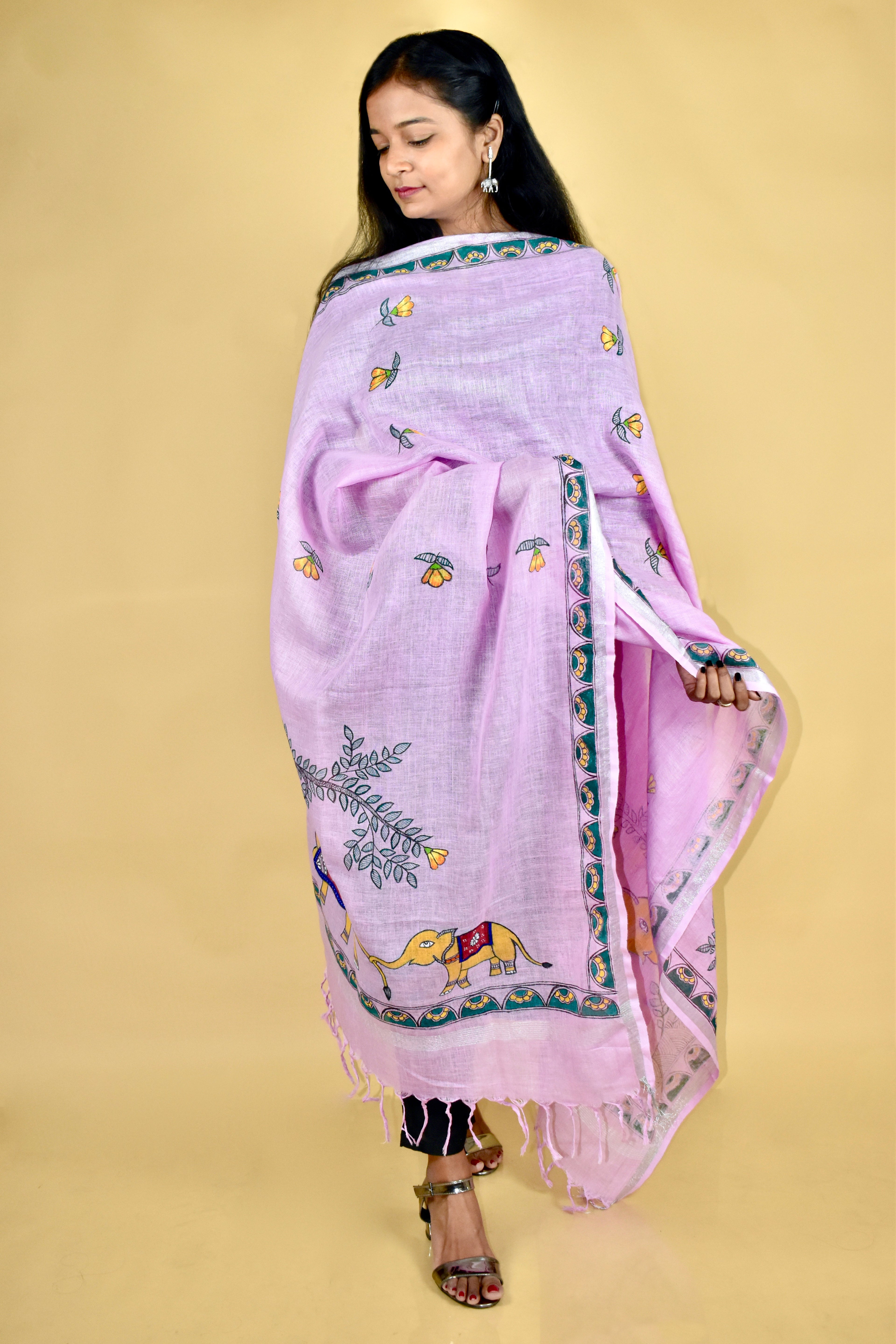Pink Madhubani Hand-painted Linen Dupatta