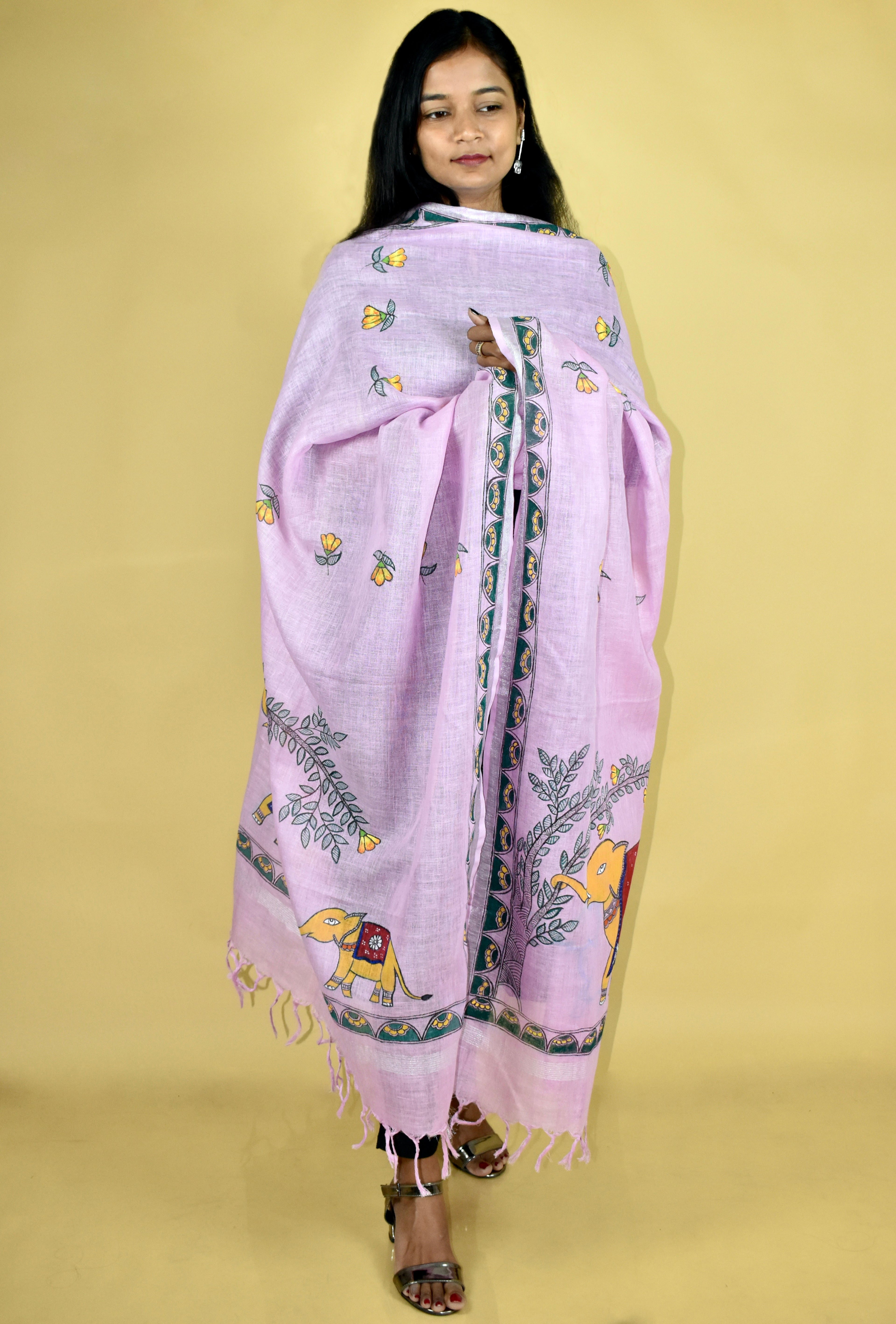 Pink Madhubani Hand-painted Linen Dupatta