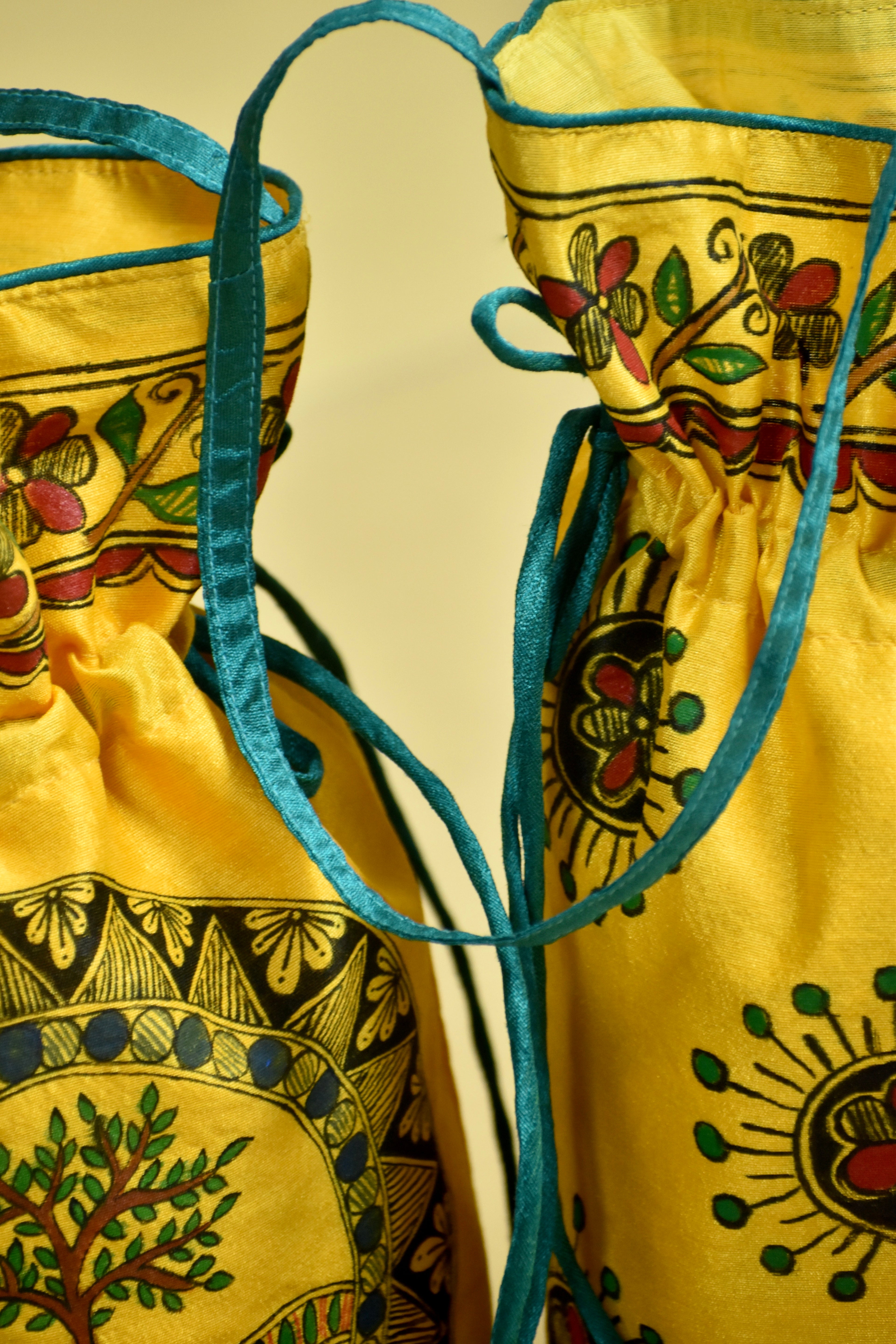 Yellow Silk Handpainted Madhubani Potli