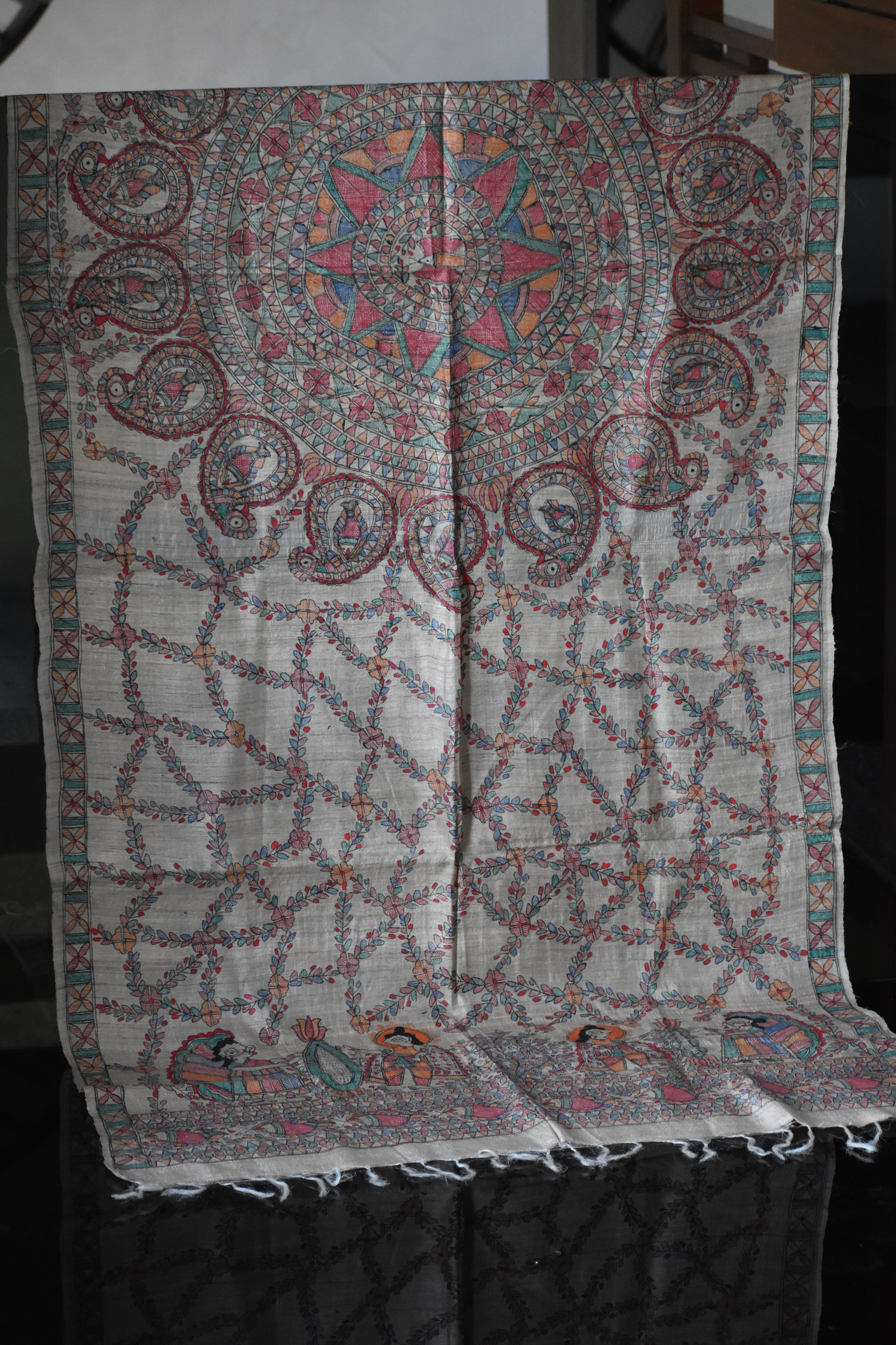 Madhubani Hand-Painted Natural Tussar Silk Dupatta