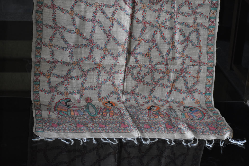 Madhubani Hand-Painted Natural Tussar Silk Dupatta