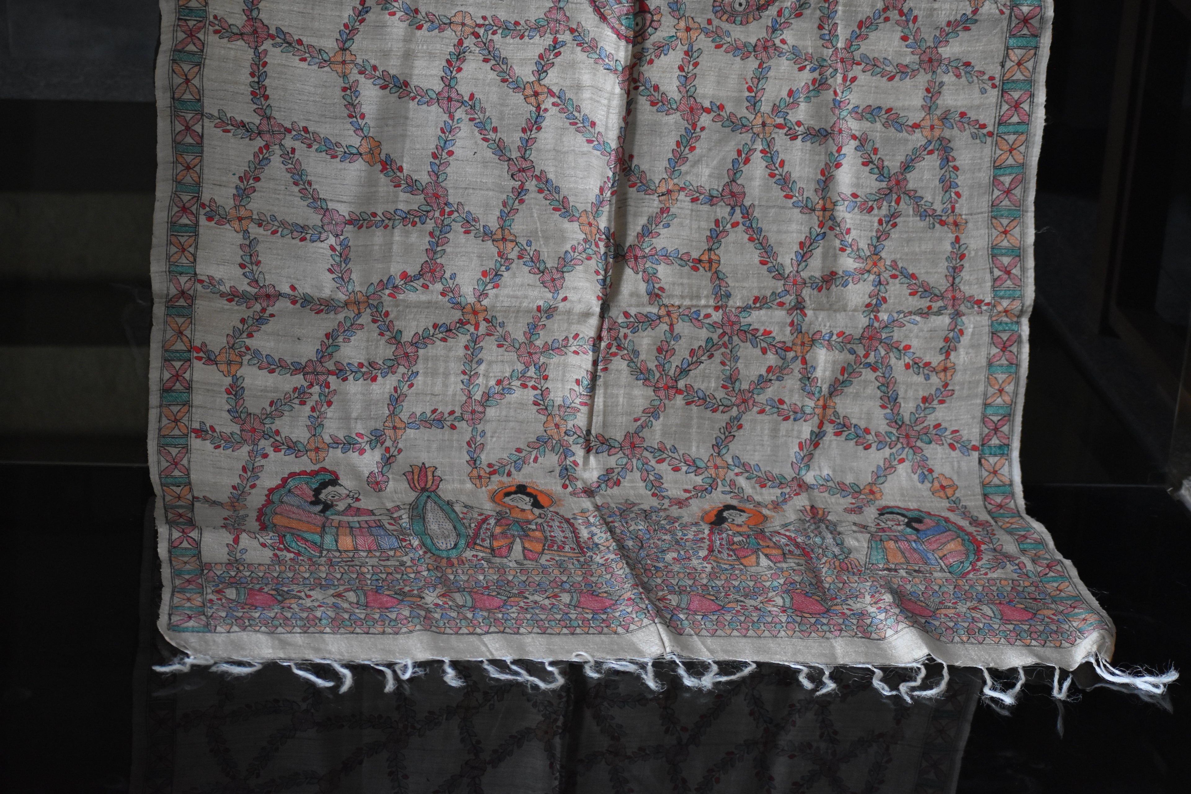 Madhubani Hand-Painted Natural Tussar Silk Dupatta