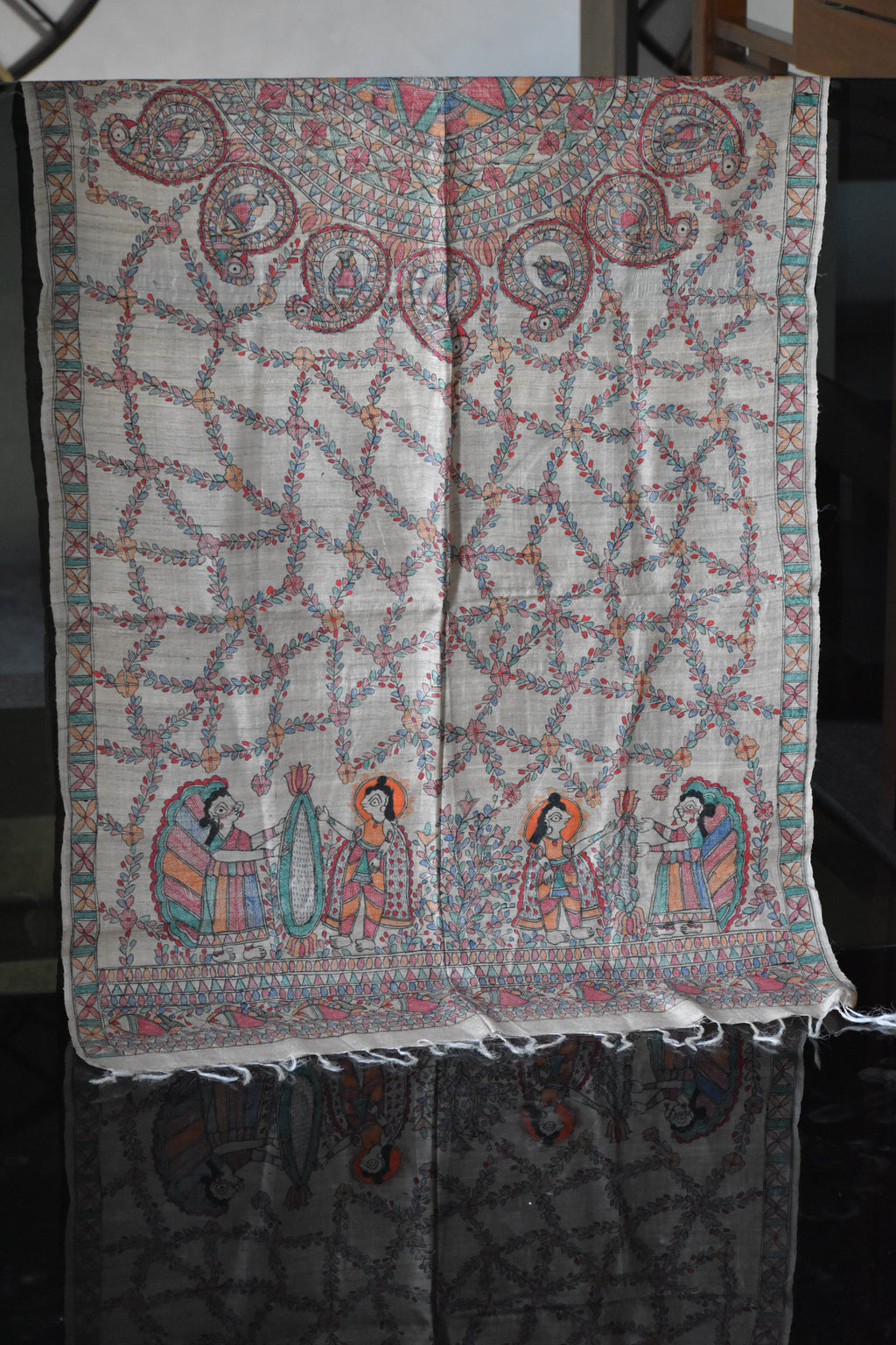 Madhubani Hand-Painted Natural Tussar Silk Dupatta