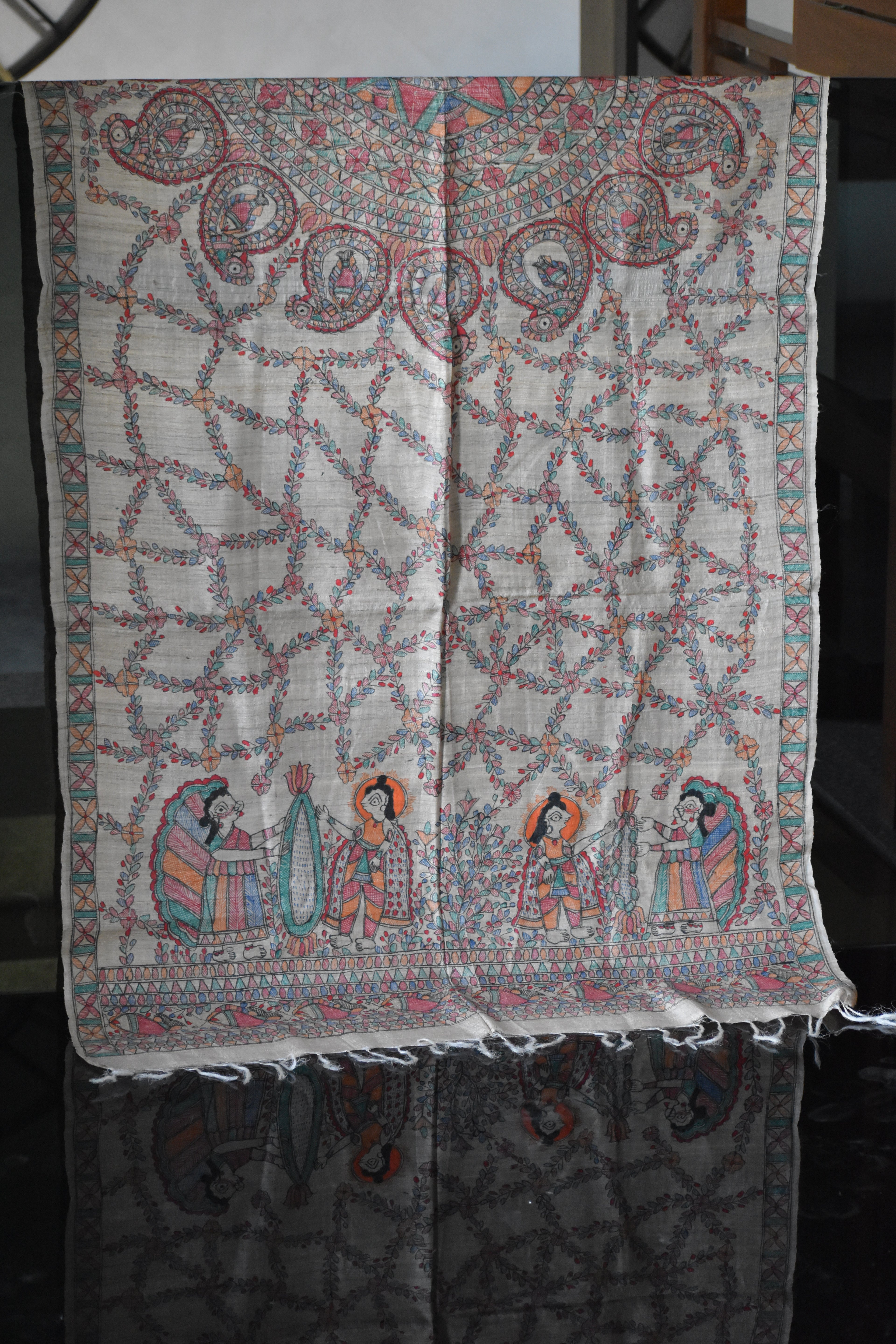 Madhubani Hand-Painted Natural Tussar Silk Dupatta