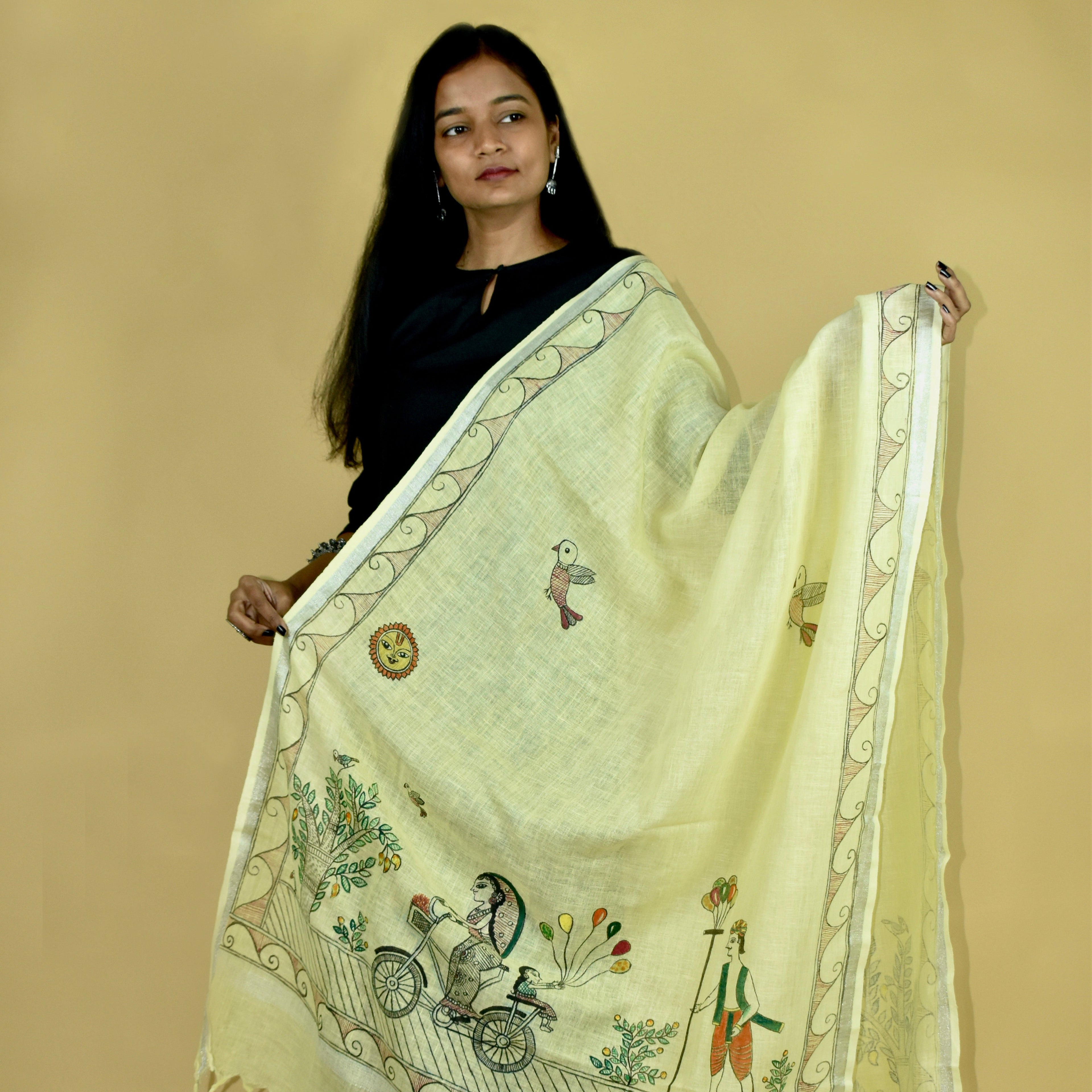 Madhubani Hand-painted "Mother Daughter" Linen Dupatta