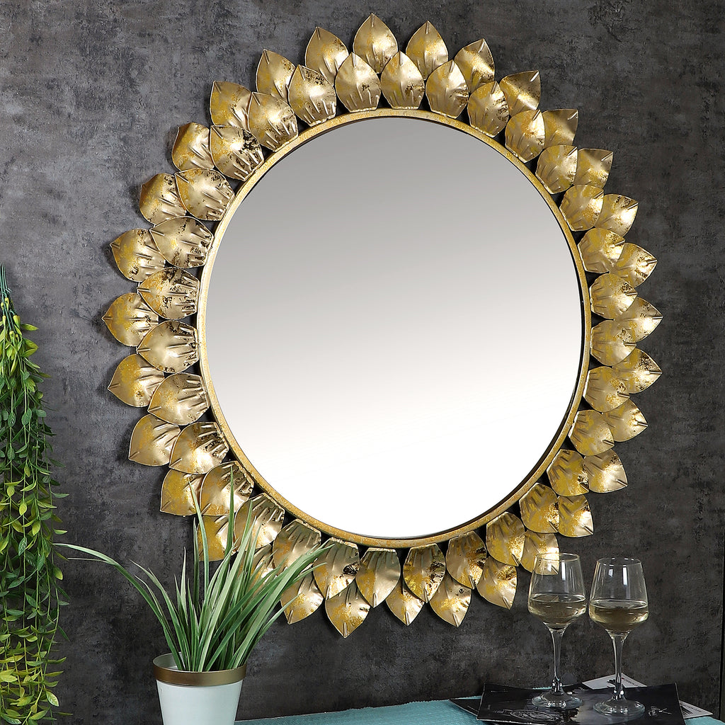 Amaya Decors Gold Foil Leaves Mirror (24x24x2 Inch)
