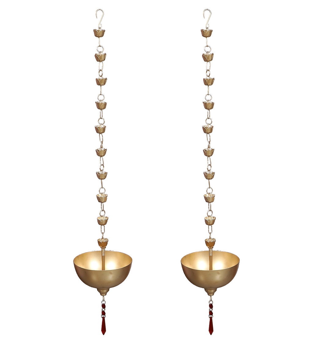Amaya Decors Hanging Gold Bowl Urli with Beads Set of 2 | Gold | Iron with Powder Coating