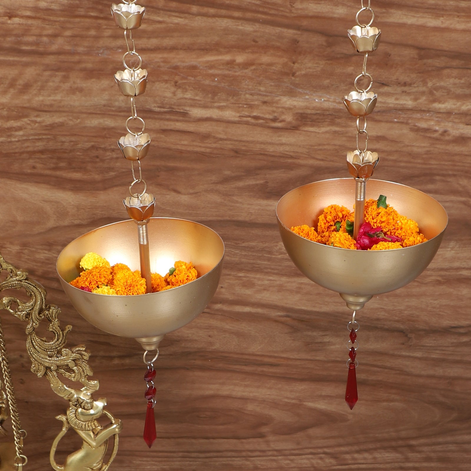 Amaya Decors Hanging Gold Bowl Urli with Beads Set of 2 | Gold | Iron with Powder Coating