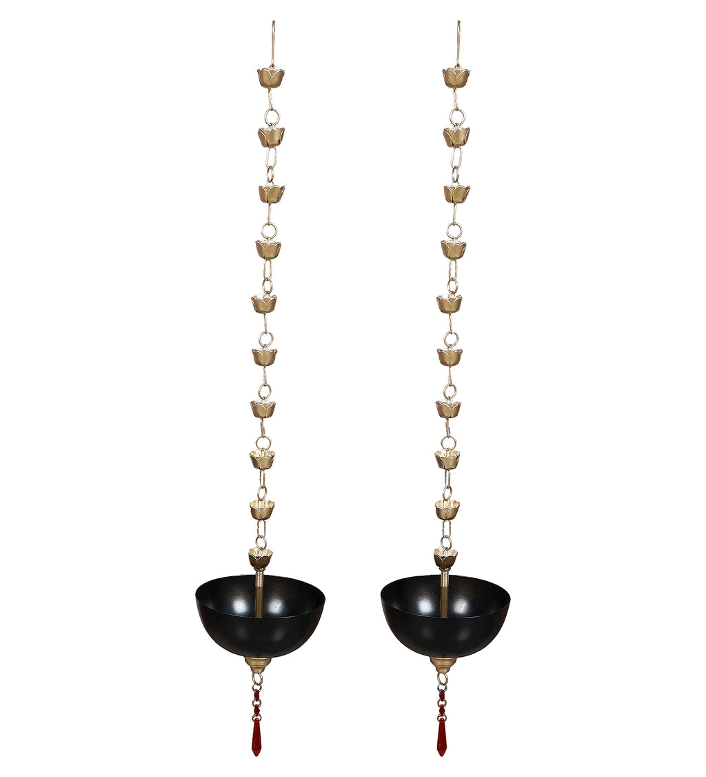 Amaya Decors Hanging Black Bowl Urli with Beads Set of 2 | Black & Gold | Iron with Powder Coating