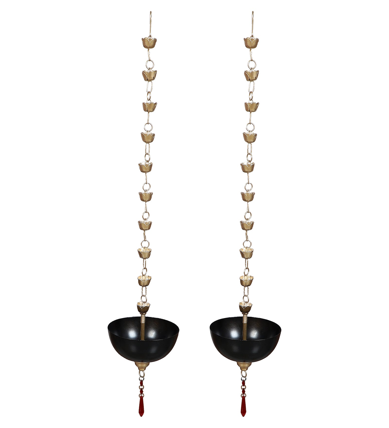 Amaya Decors Hanging Black Bowl Urli with Beads Set of 2 | Black & Gold | Iron with Powder Coating