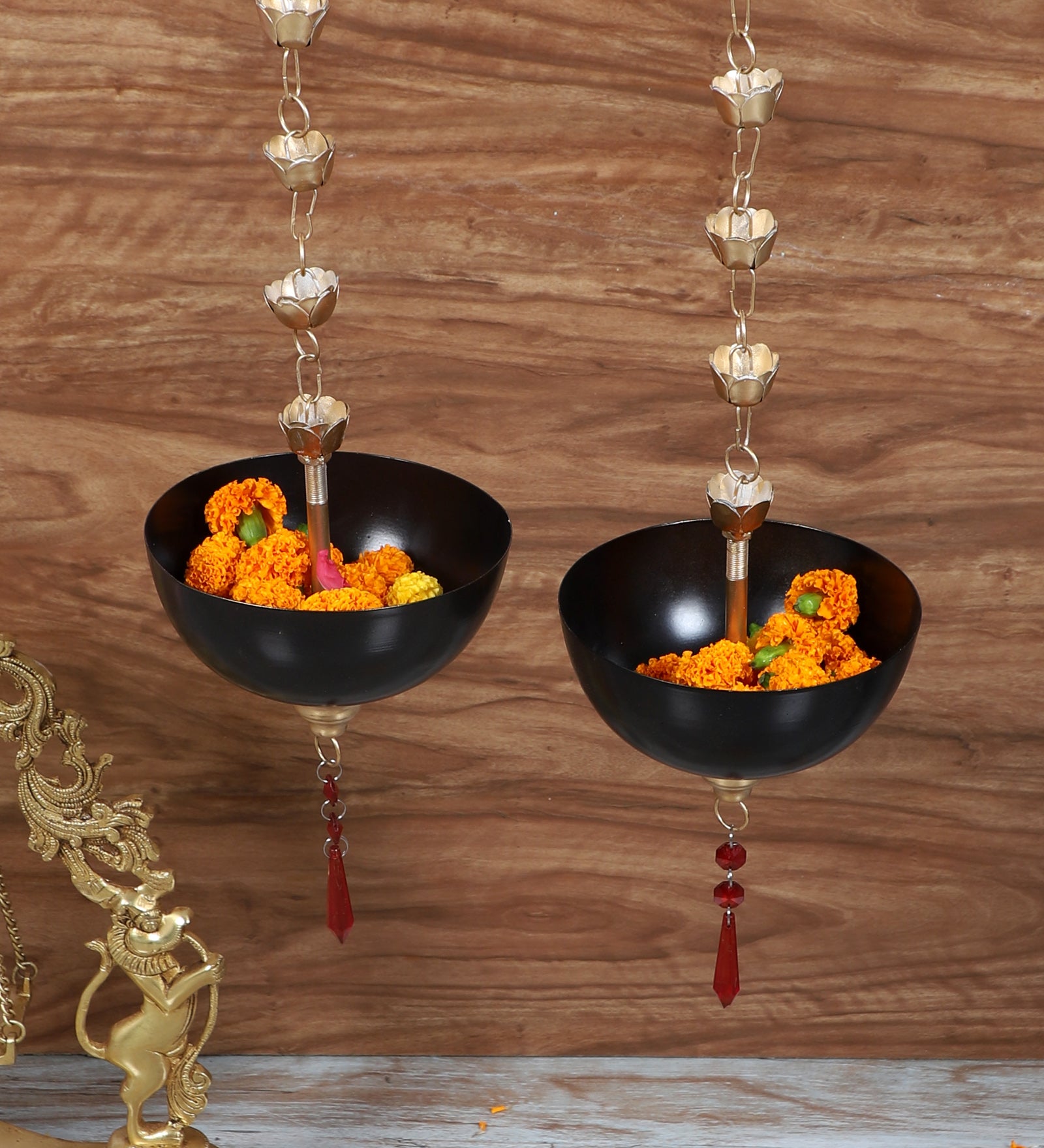 Amaya Decors Hanging Black Bowl Urli with Beads Set of 2 | Black & Gold | Iron with Powder Coating