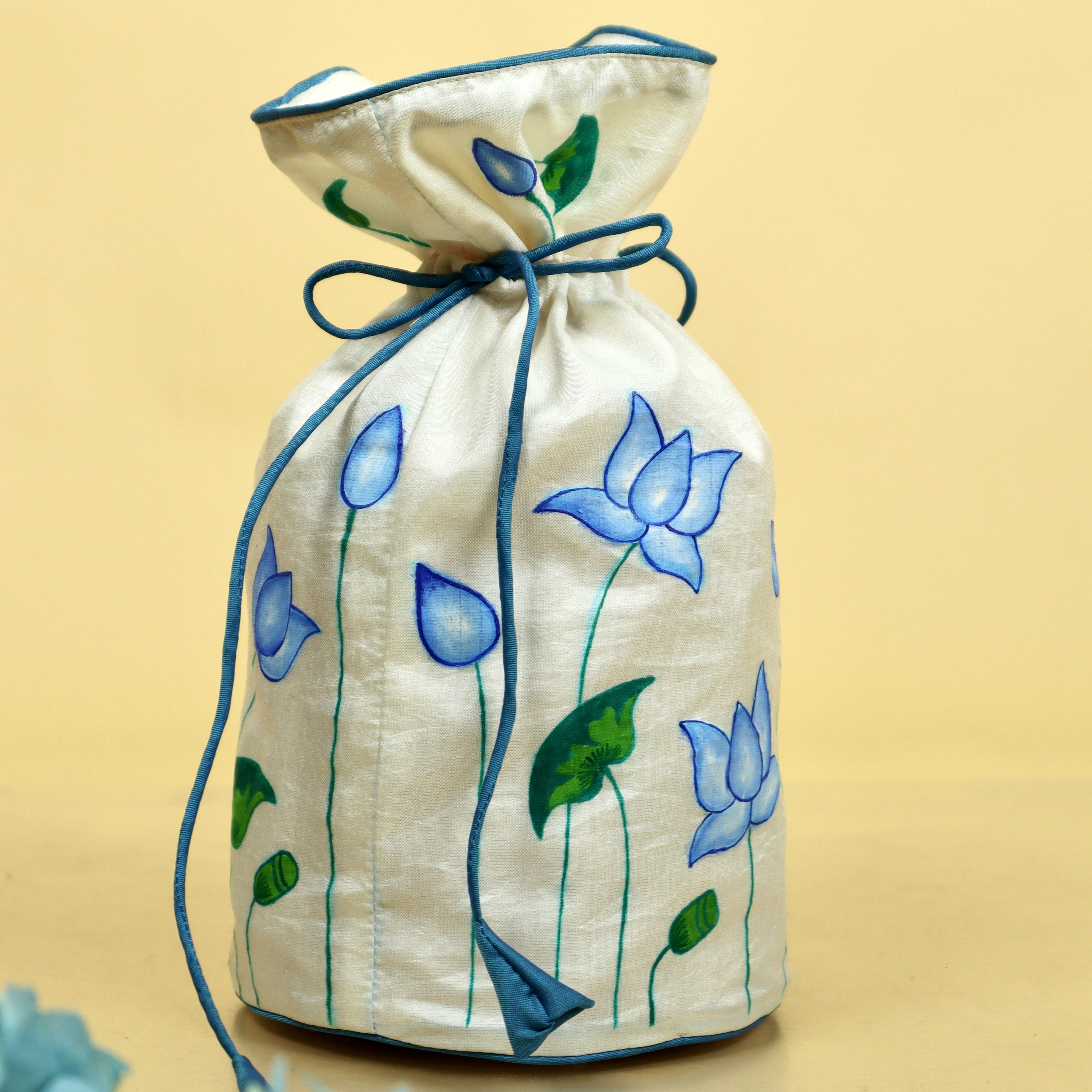Blue Pichwai Lotus Silk Handpainted Potli