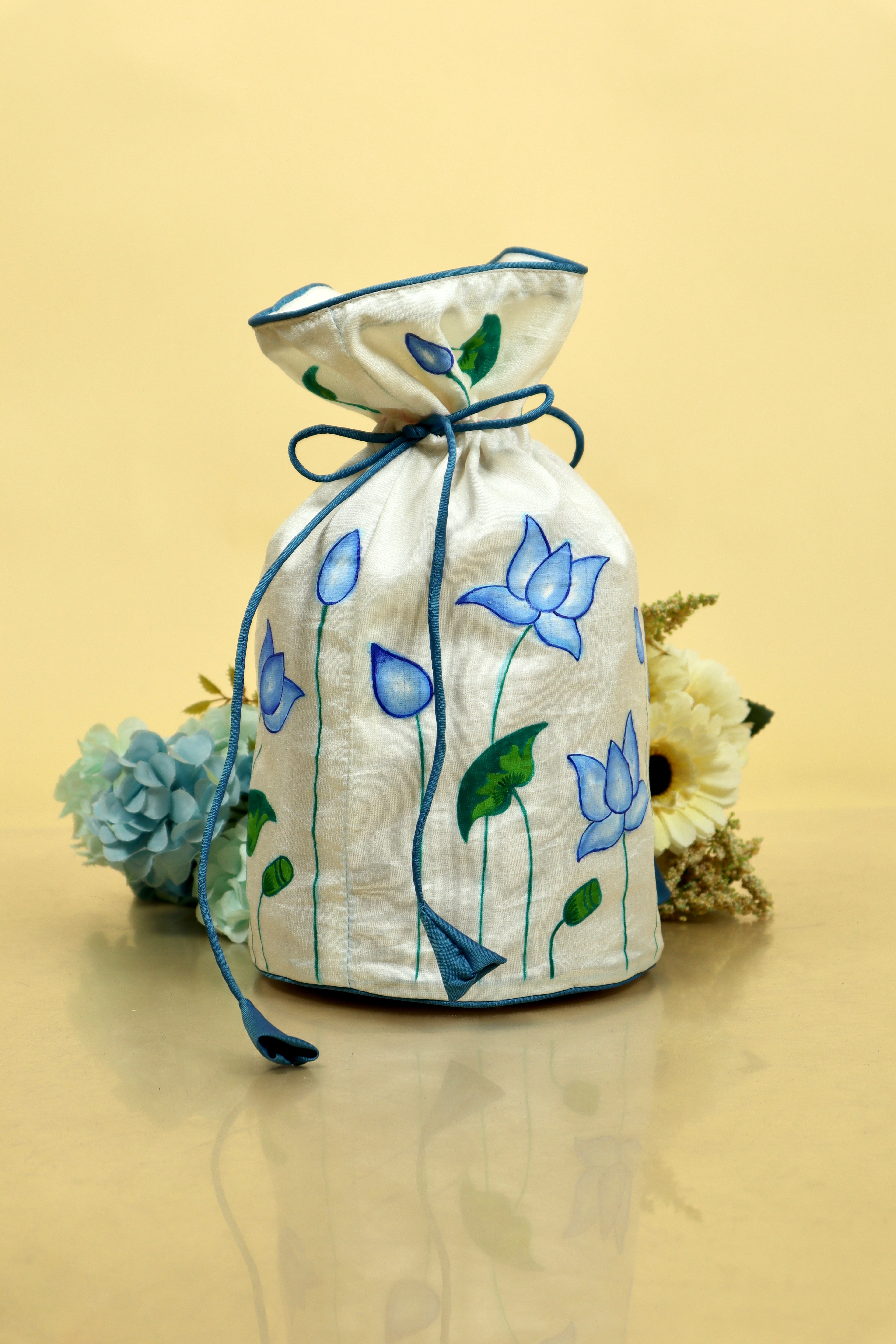 Blue Pichwai Lotus Silk Handpainted Potli