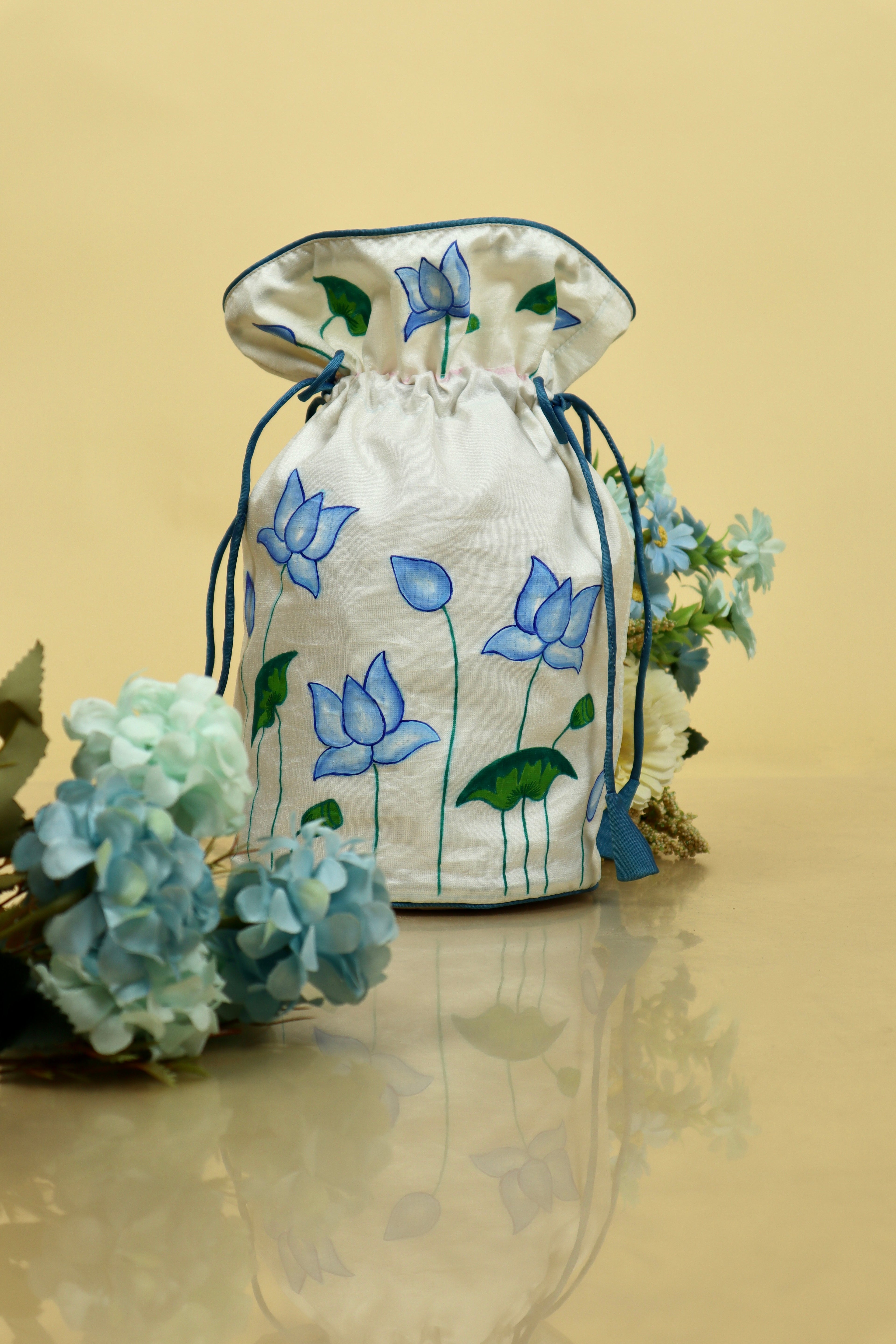 Blue Pichwai Lotus Silk Handpainted Potli