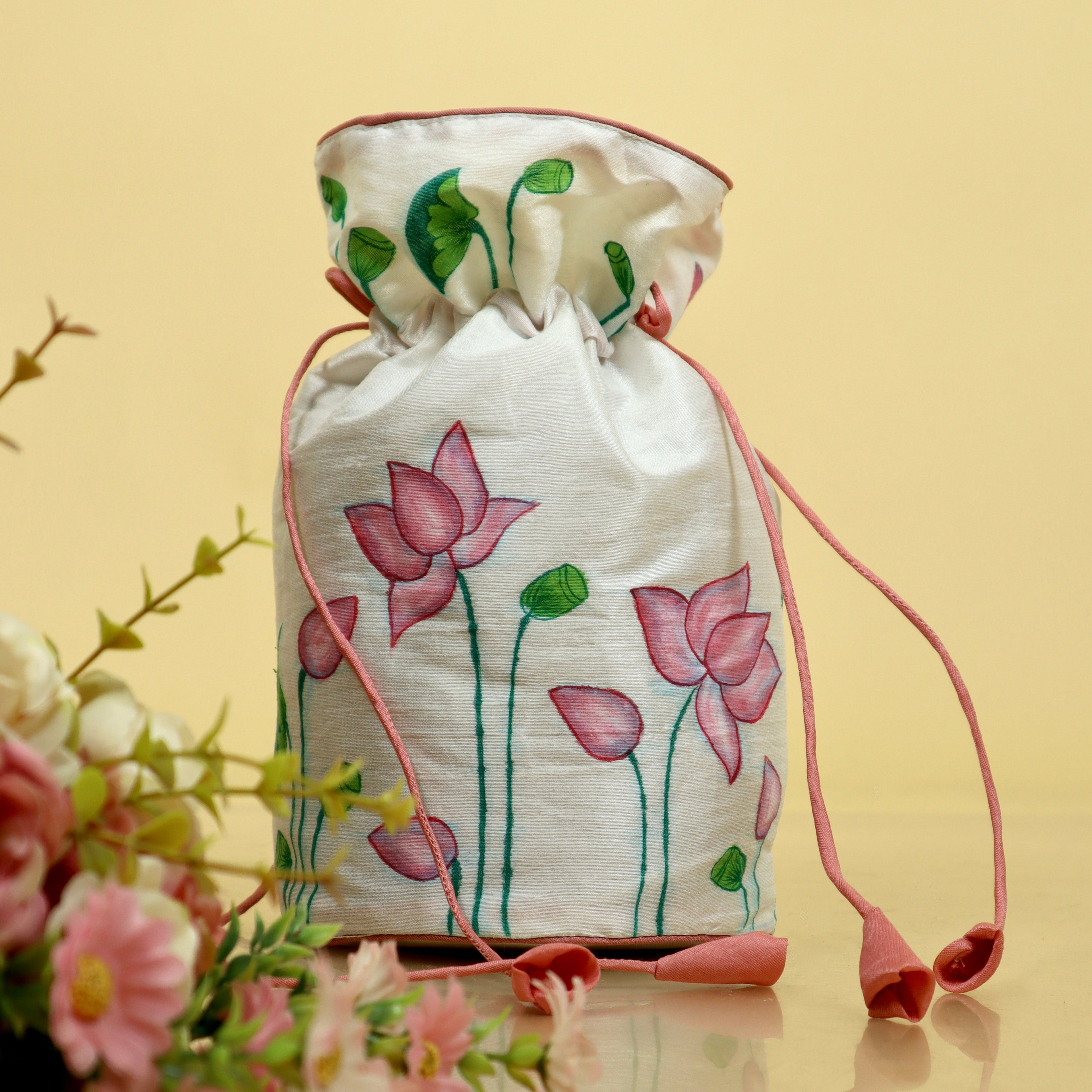 Pink Pichwai Lotus Silk Handpainted Potli