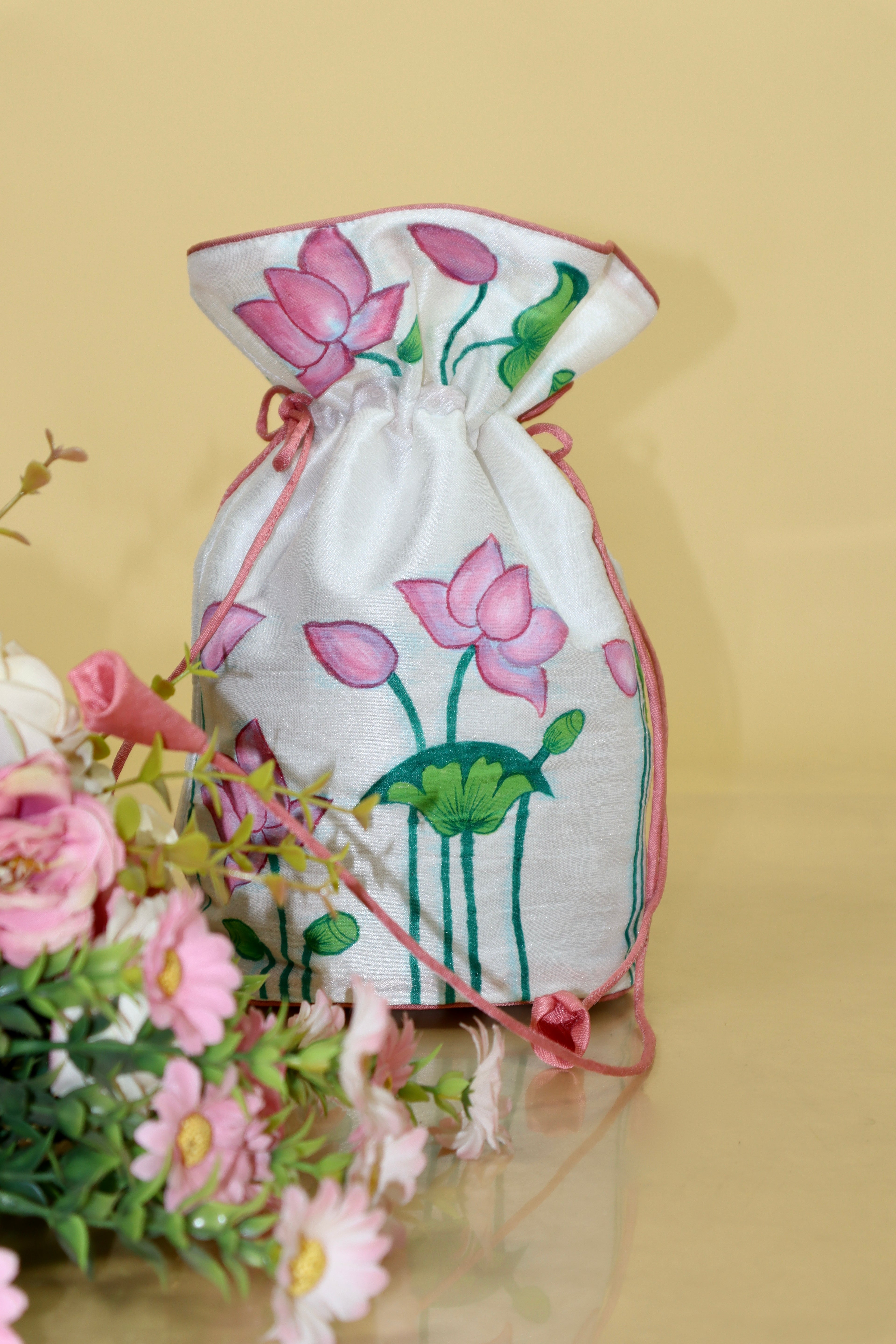 Pink Pichwai Lotus Silk Handpainted Potli