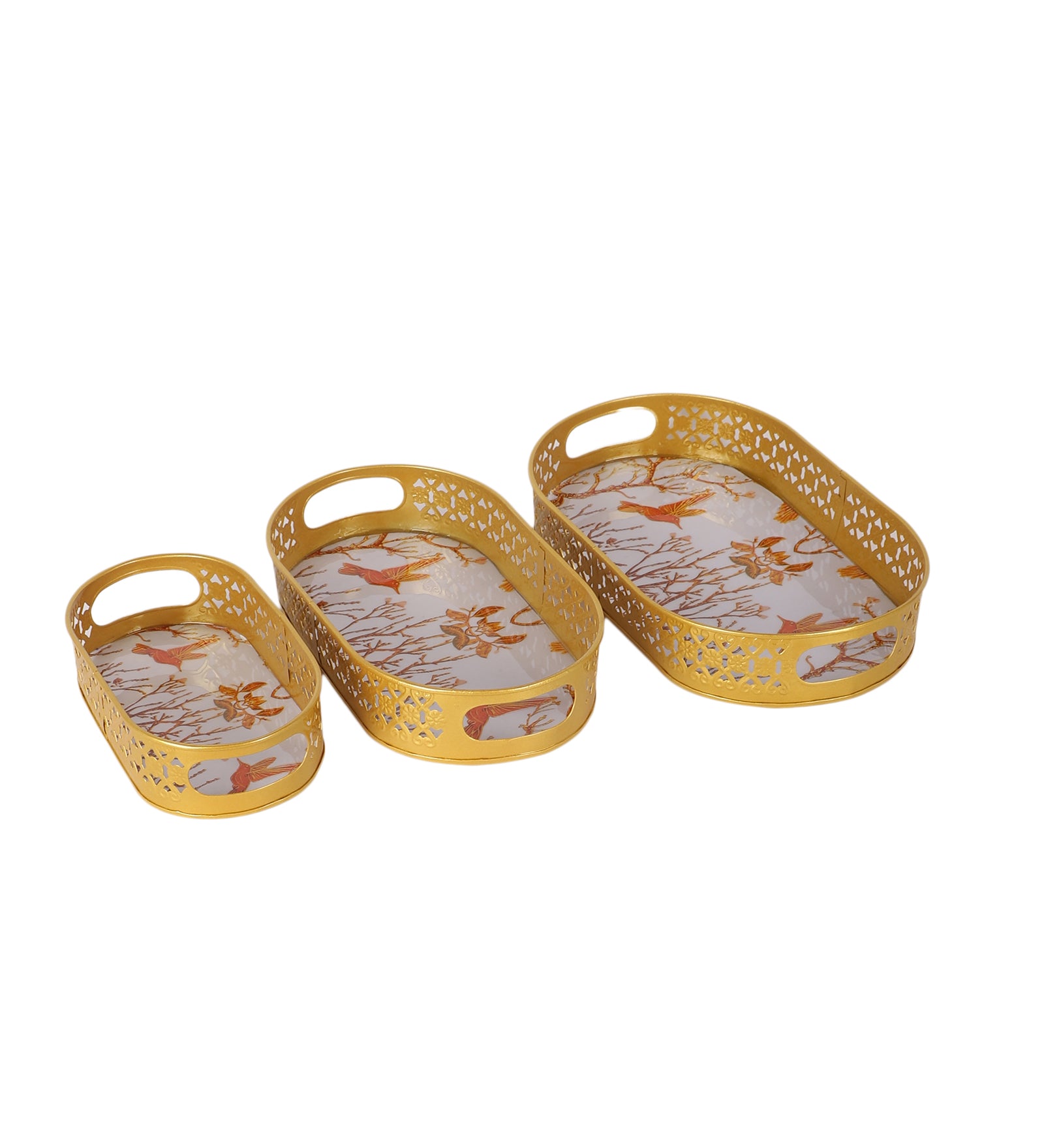Amaya Decors Oval Pink & Gold Wavy Design Meena Tray Set of 3