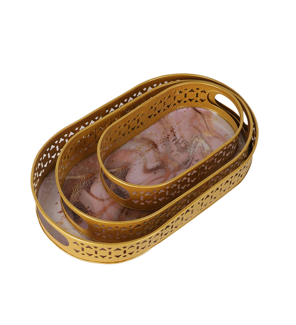 Amaya Decors Oval Gold Tree & Bird Meena Tray Set of 3