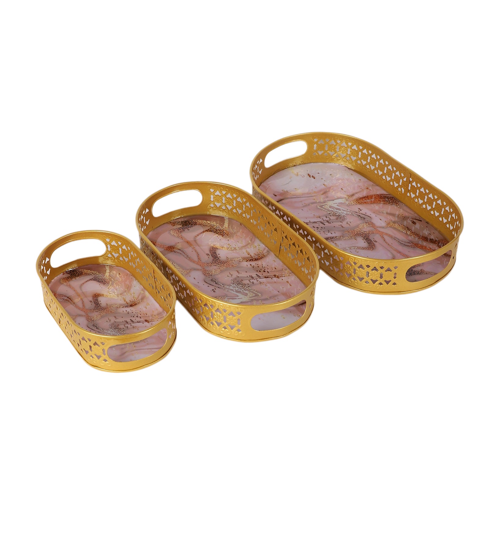 Amaya Decors Oval Gold Tree & Bird Meena Tray Set of 3