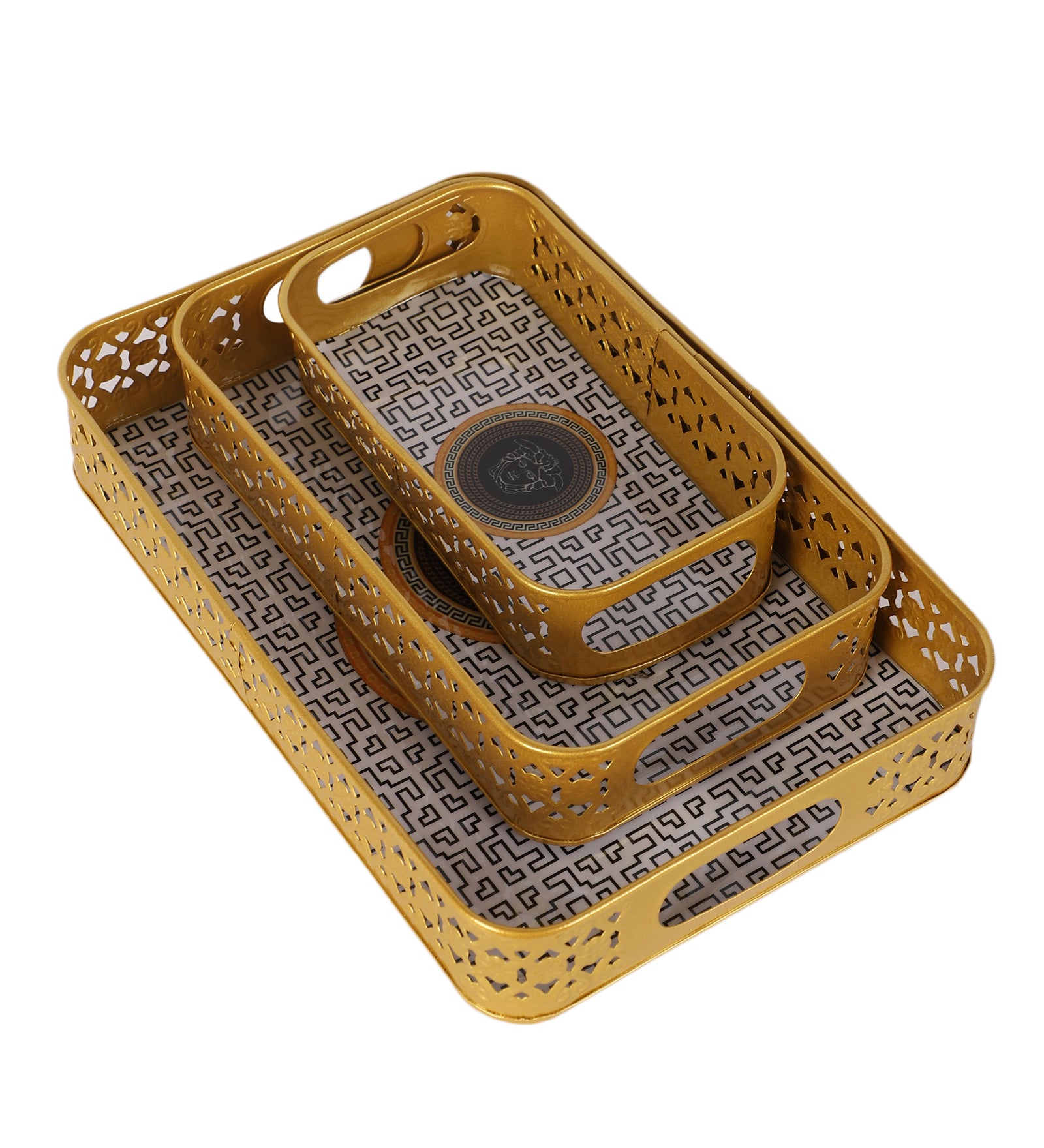 Amaya Decors Rectangular Black & Gold Blocks Meena Tray Set of 3