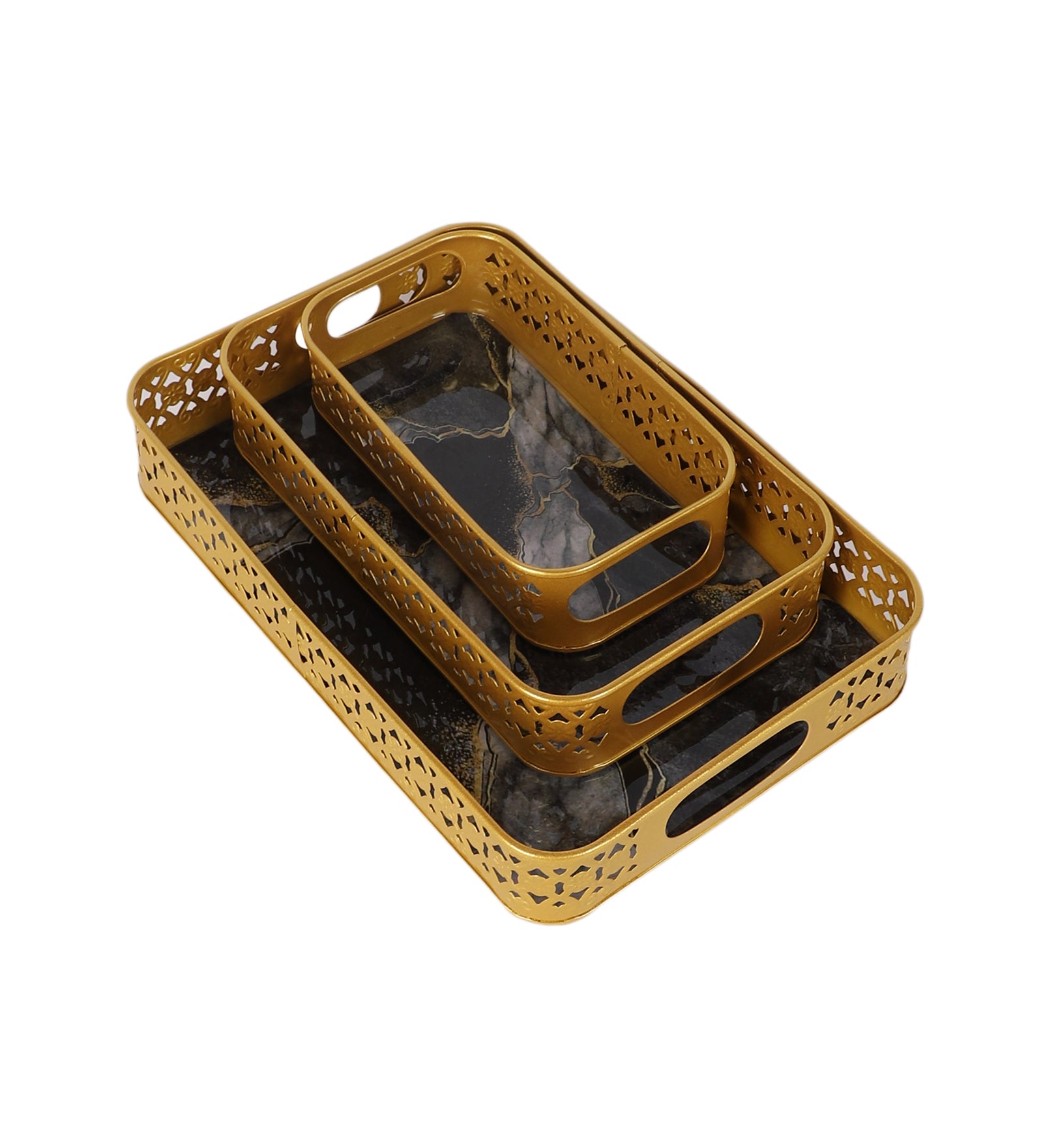 Amaya Decors Rectangular Black & Gold Wavy Meena Tray Set of 3