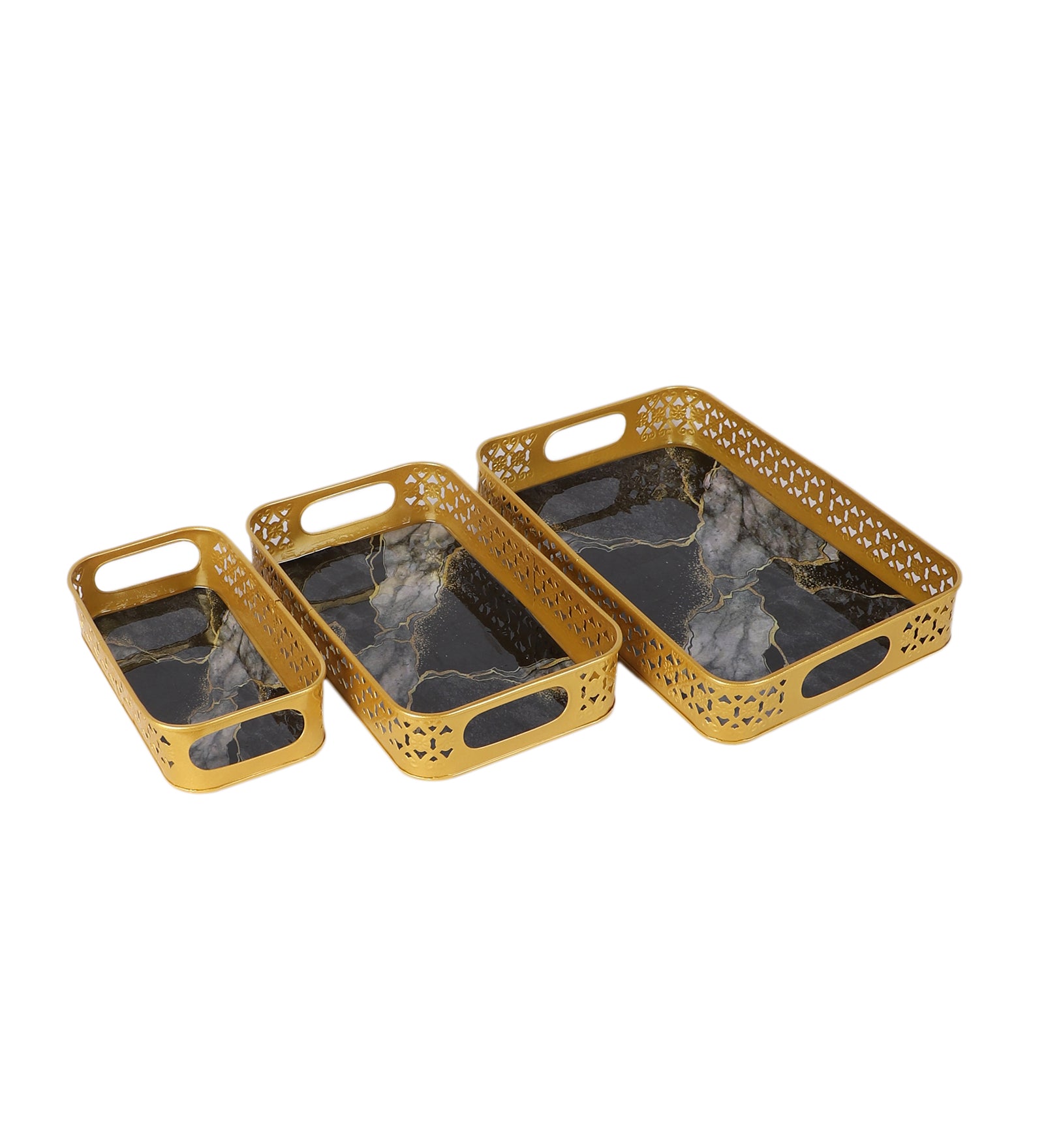 Amaya Decors Rectangular Black & Gold Wavy Meena Tray Set of 3