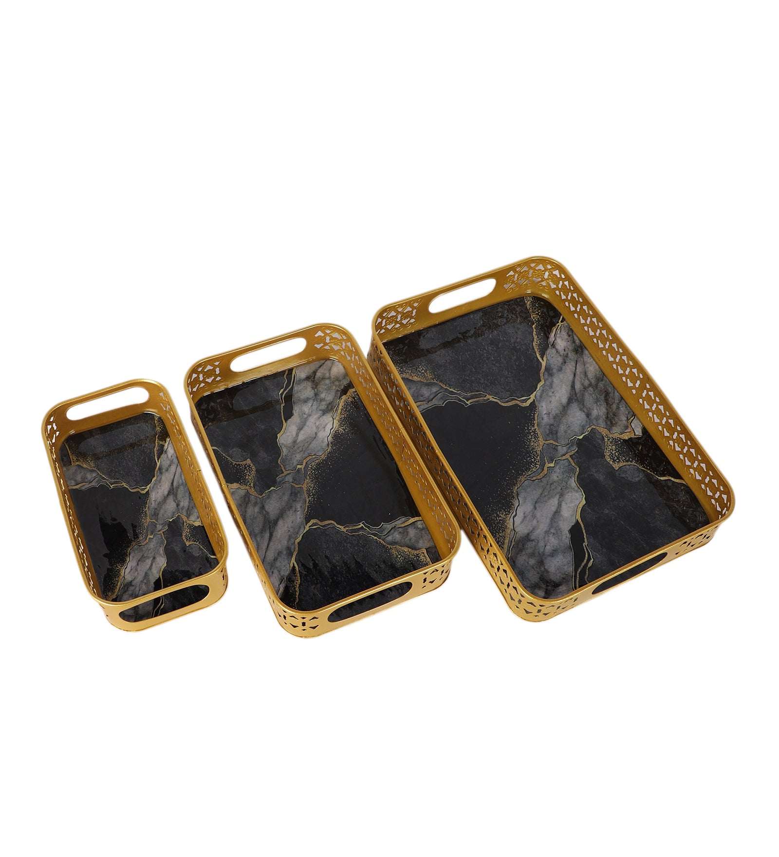 Amaya Decors Rectangular Black & Gold Wavy Meena Tray Set of 3