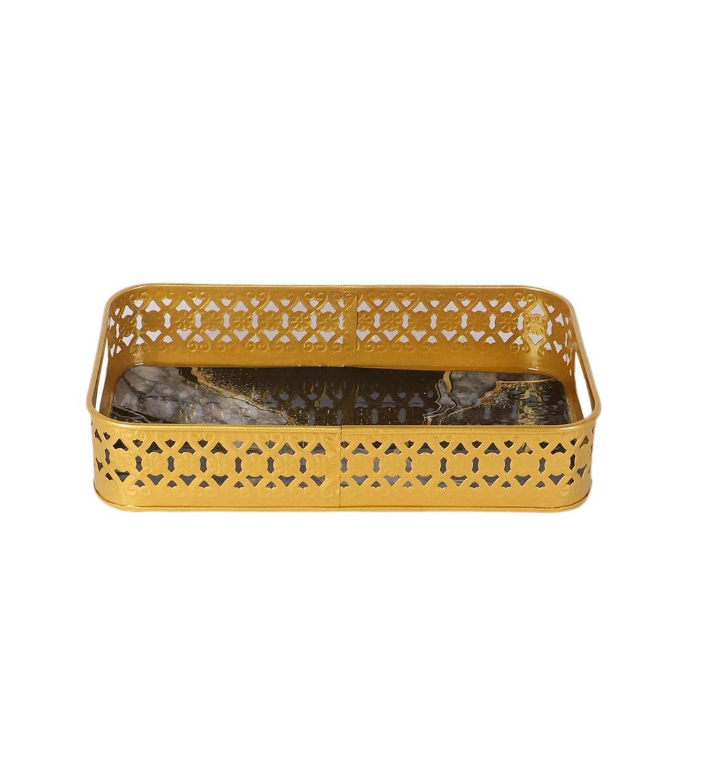 Amaya Decors Rectangular Black & Gold Wavy Meena Tray Set of 3
