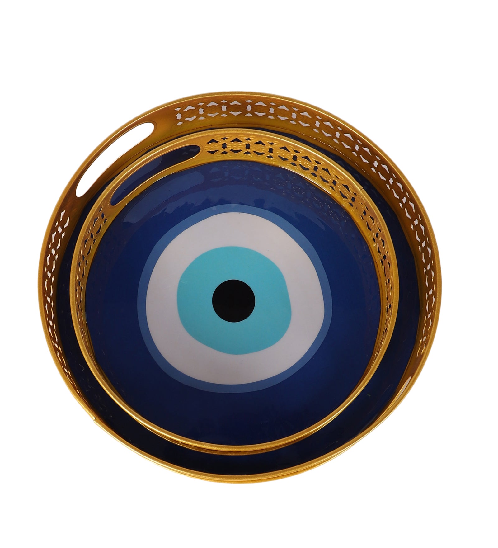Amaya Decors Evil Eye Meena Tray Set of 2 | Gold | Iron with Powder Coating
