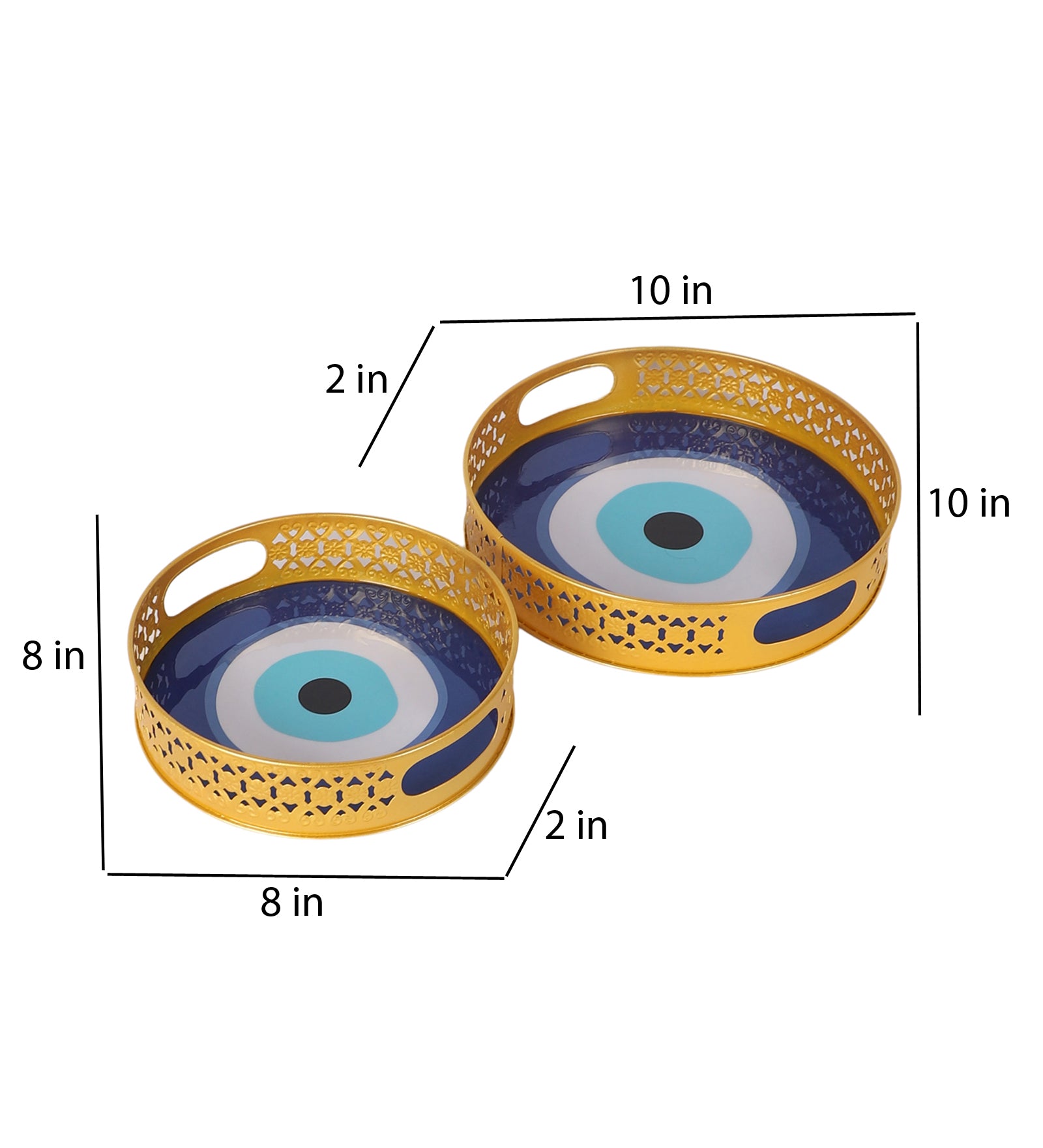 Amaya Decors Evil Eye Meena Tray Set of 2 | Gold | Iron with Powder Coating